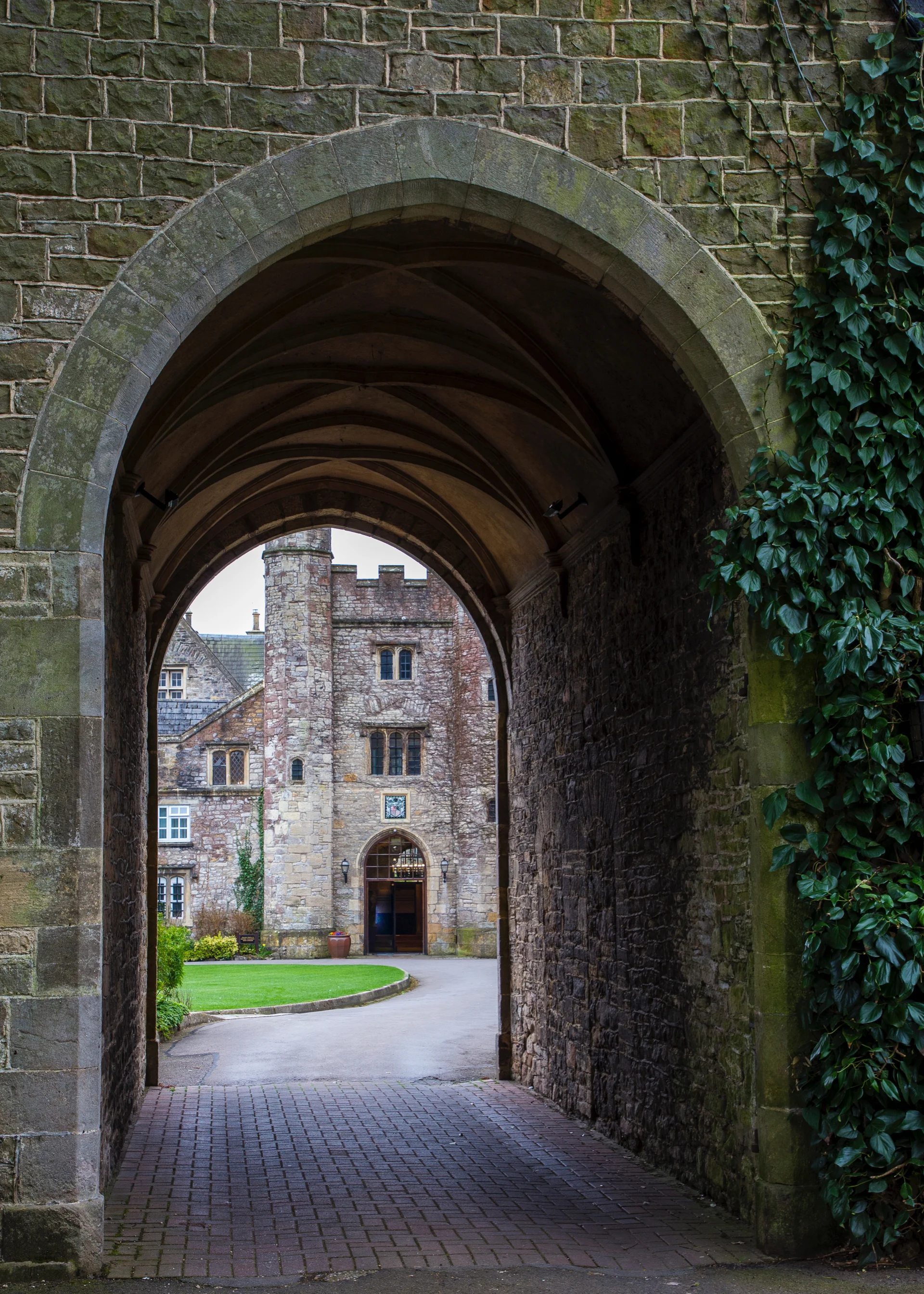 A view of the hotel through the original gatehouse.