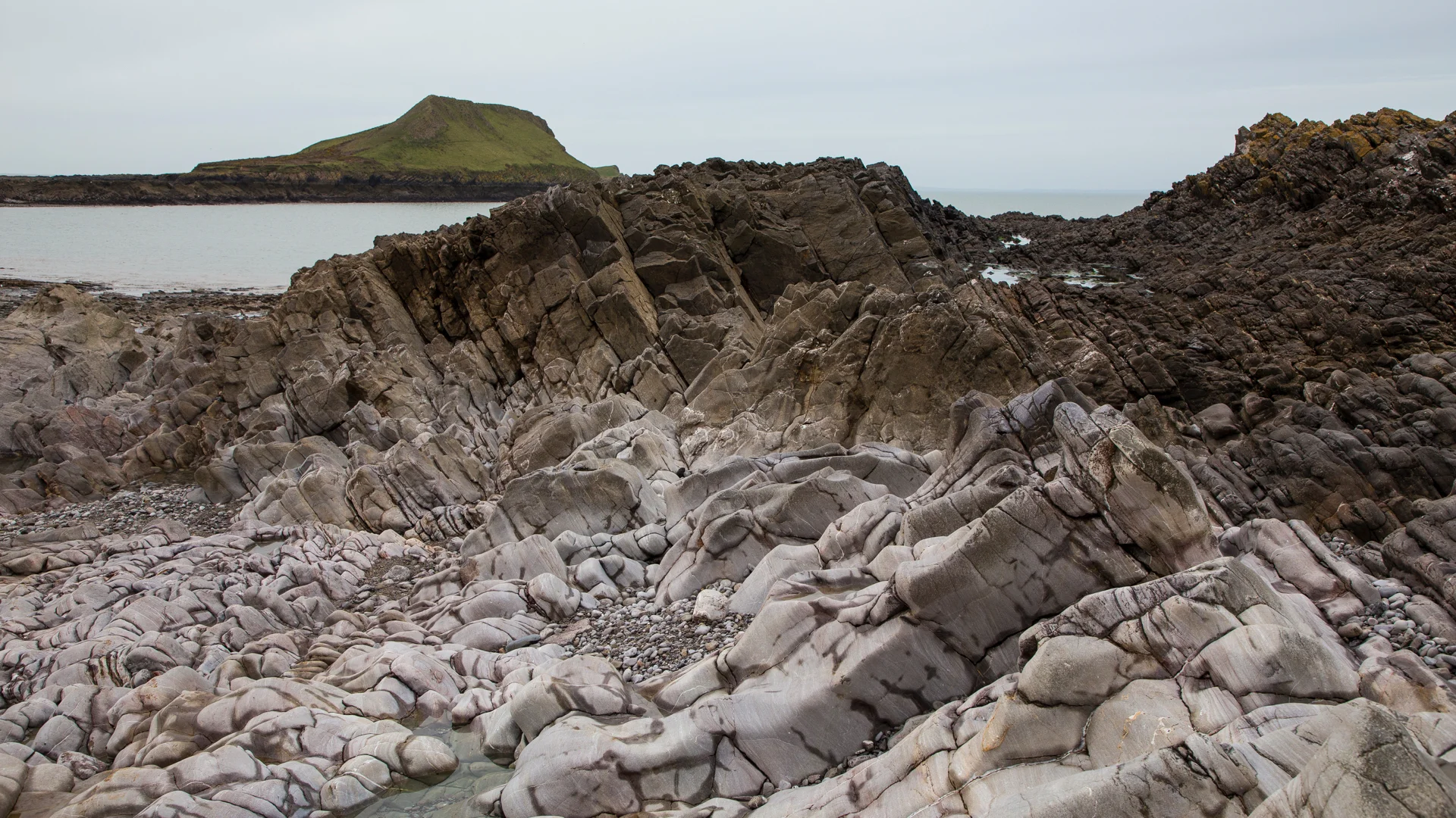 Out on the rocky beach below the tide line.