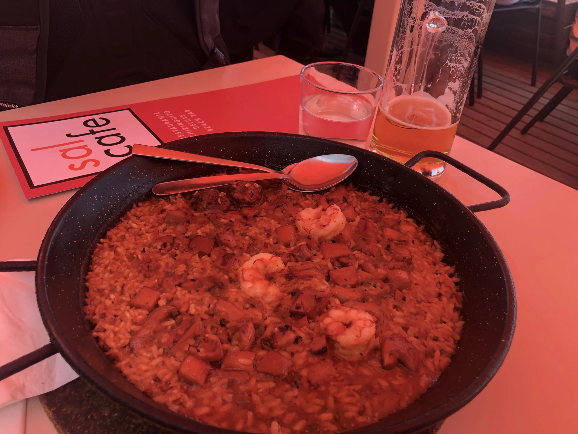 My lunch - the colour is weird because I was sitting under a bright red awning.