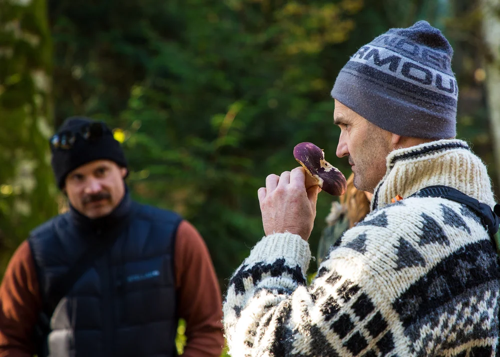  Bradley smelling a shrimp mushroom -  edible! 