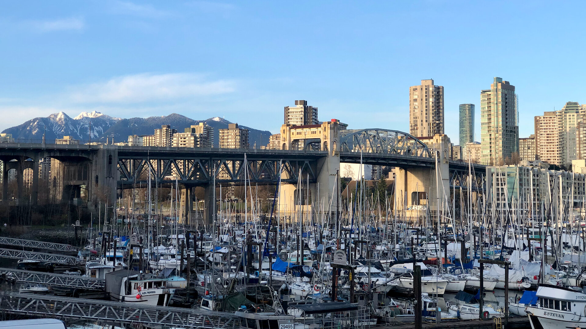  Burrard Street bridge, and a bit of snow on the local mountains. 