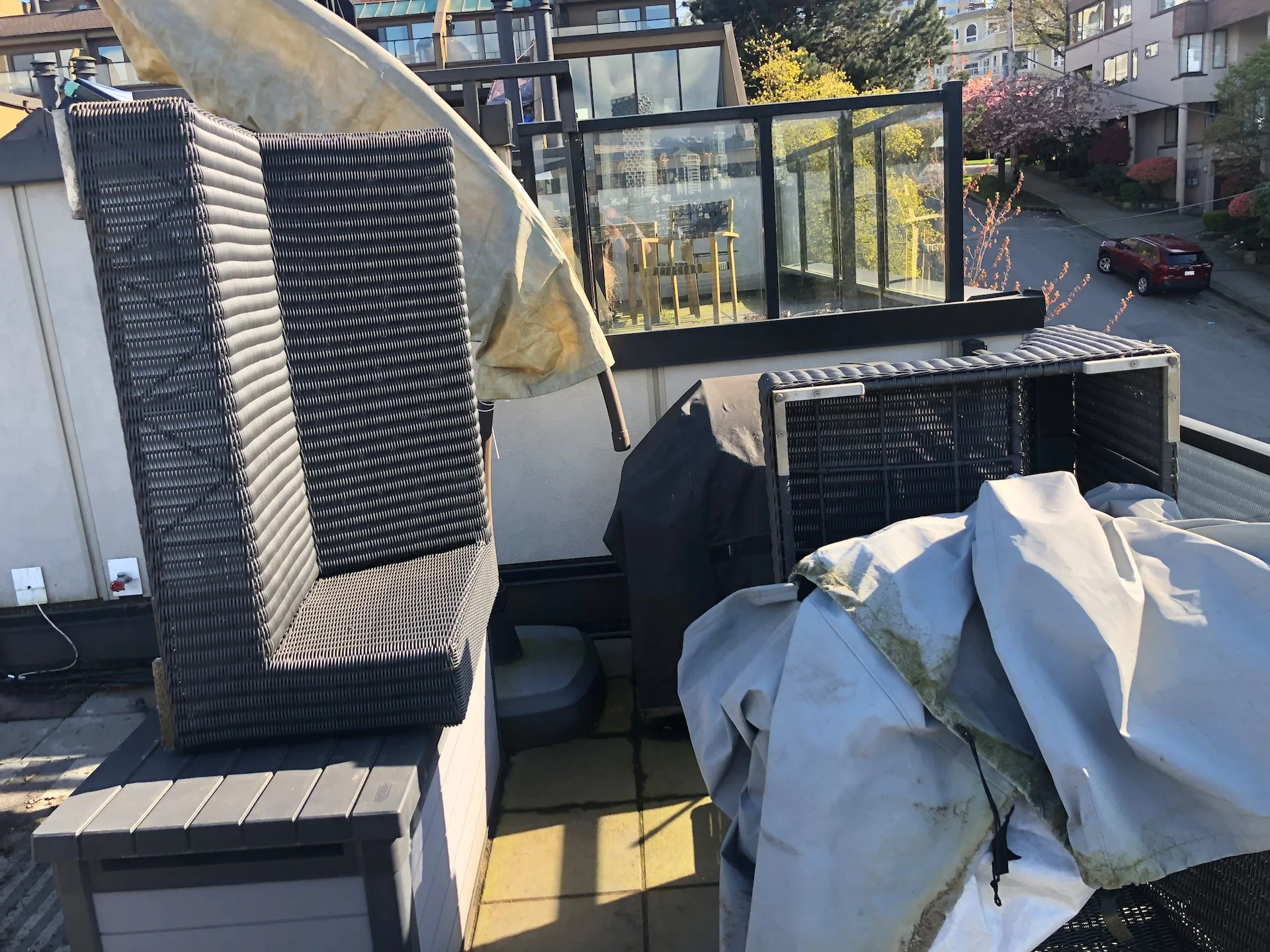 Everything moved over to one side of the deck in order to pressure wash and put down the new rug. I’ll spare you all the details of the actual cleaning - no one really wants to see that.