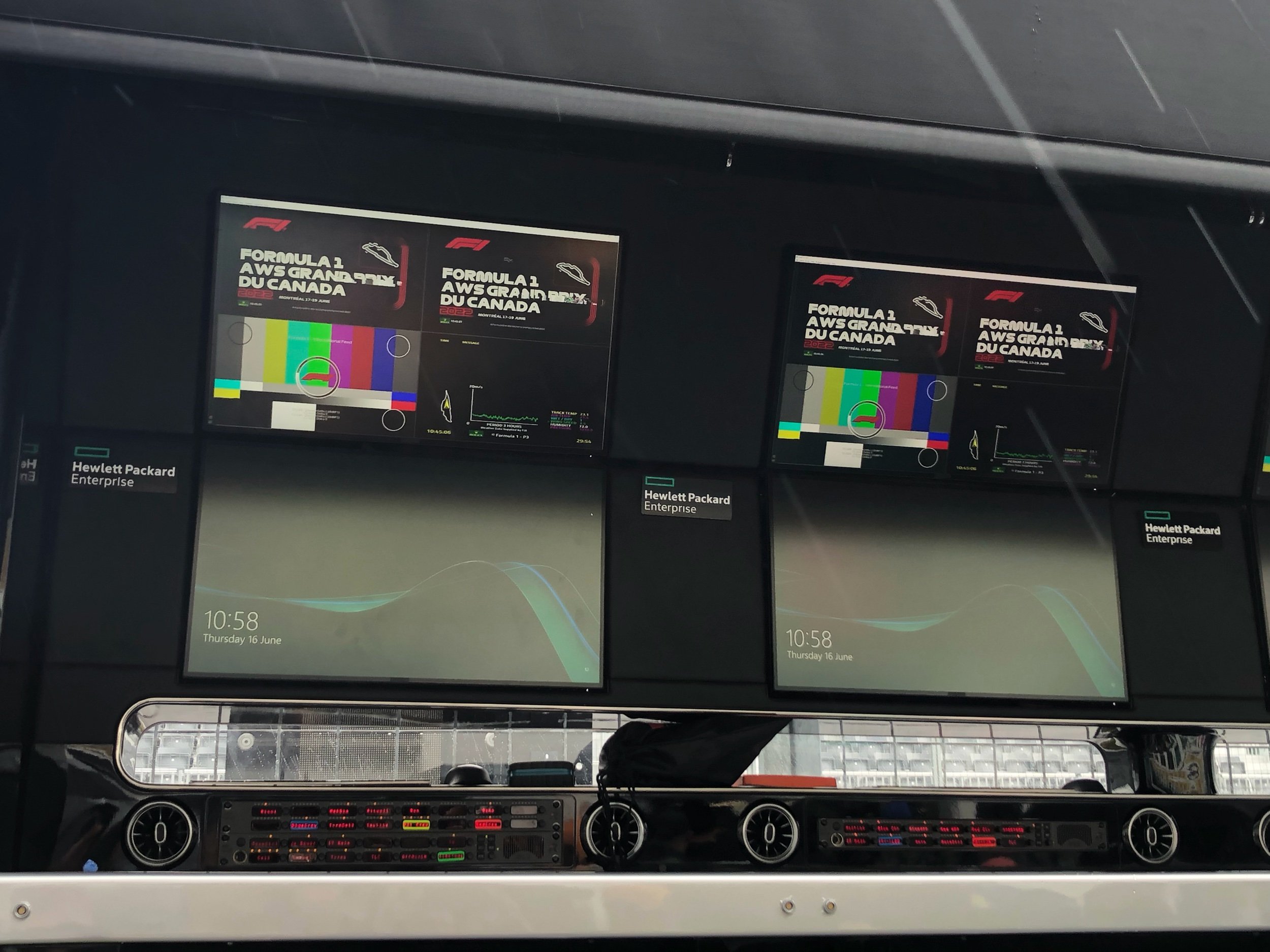  The Mercedes pit wall where the teams monitor the race from. 