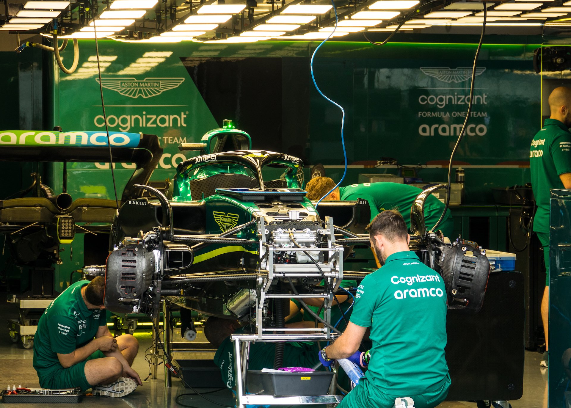  A peek inside the Aston Martin garage, as they were working on the car. 