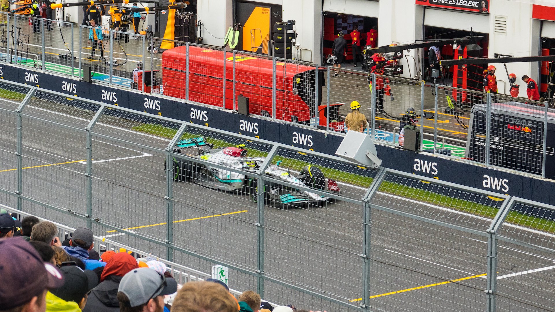  Hamilton pushing down the pit straight. 