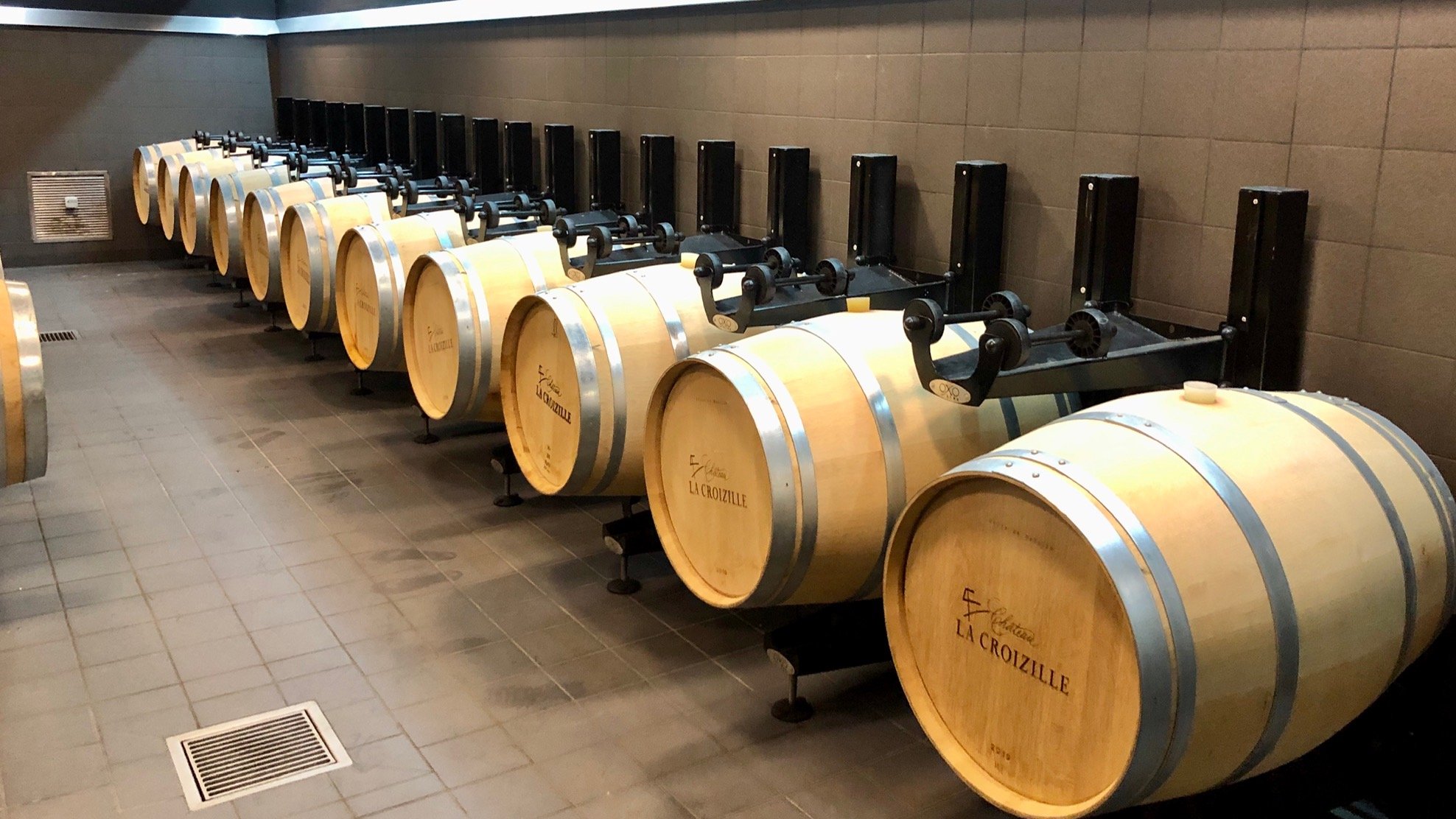  One of the other innovations that they use at Chateau La Croizille are these barrel holders that allow them to rotate the barrels during the aging process. 
