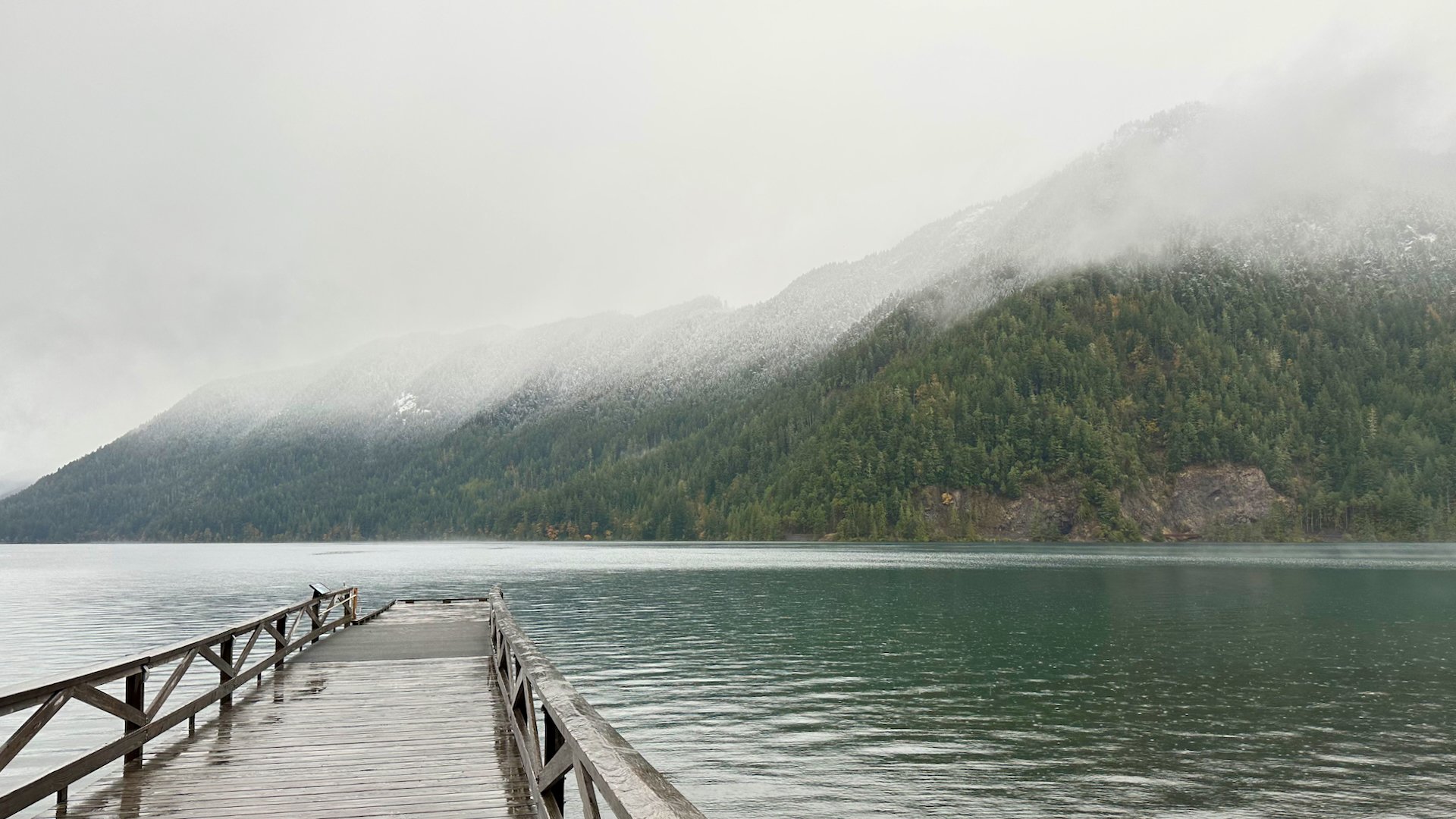  Looking out over the dock, you could see the snow line coming down the mountain on the other side of the lake. 