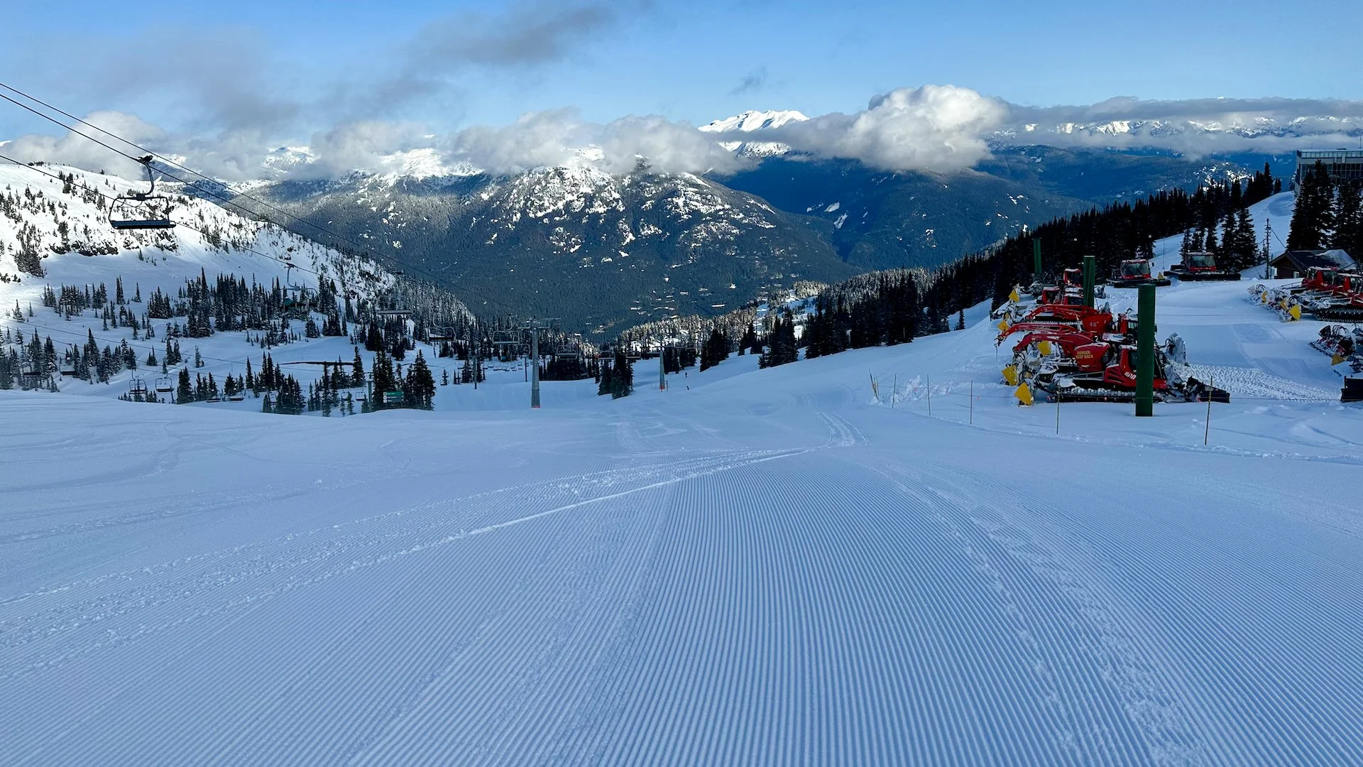 There was lots of almost untouched, nice new groomed corduroy for our first few trips down the mountain.