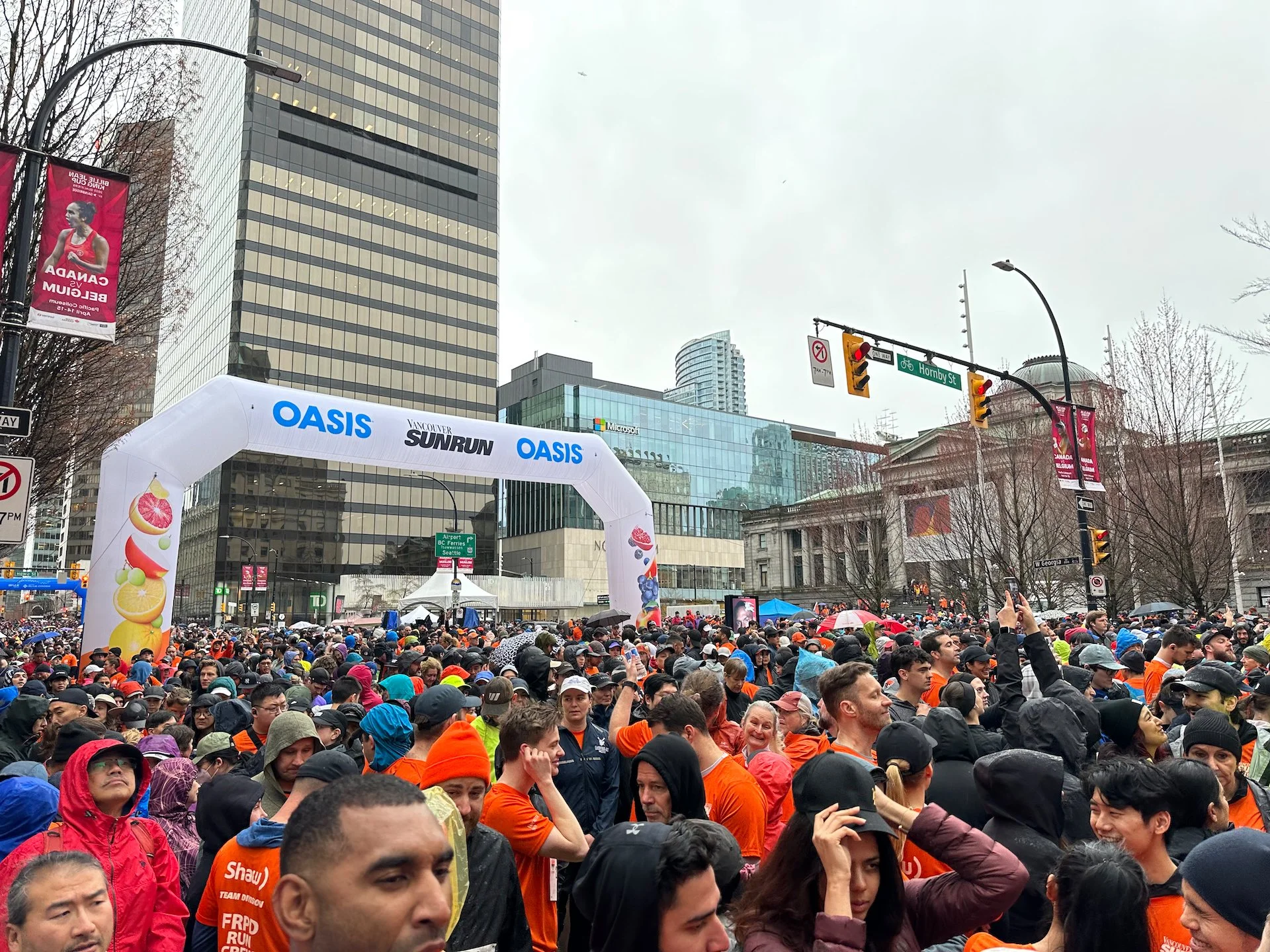  We were in the starting corral, jammed in with 35,000 other people. The weather sucked! 