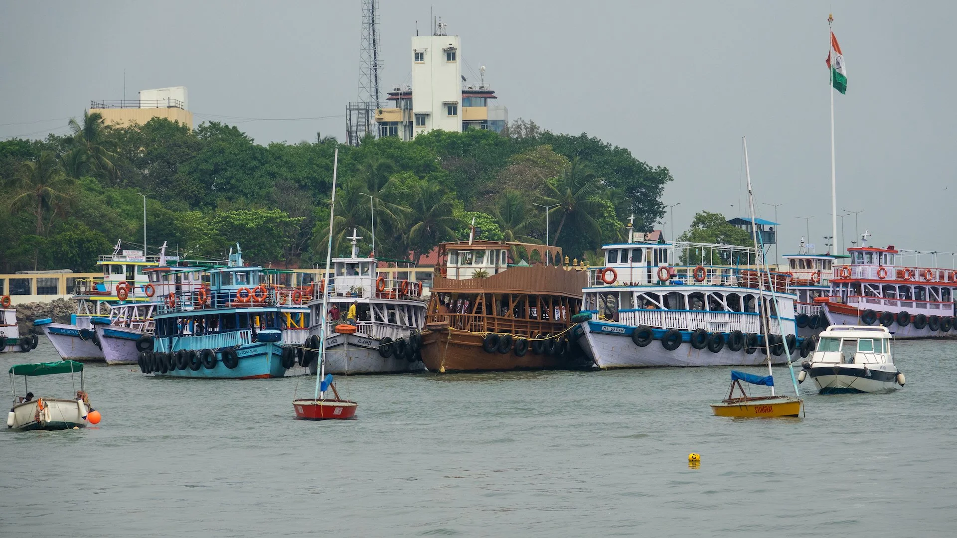  There were lots of colorful boats moored out in the harbor.  