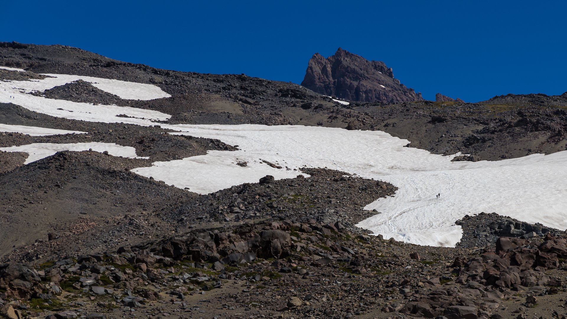  Looking up, we can see the very tiny hikers on the snow field, hiking up to Camp Muir, the staging area for summit ascents.  