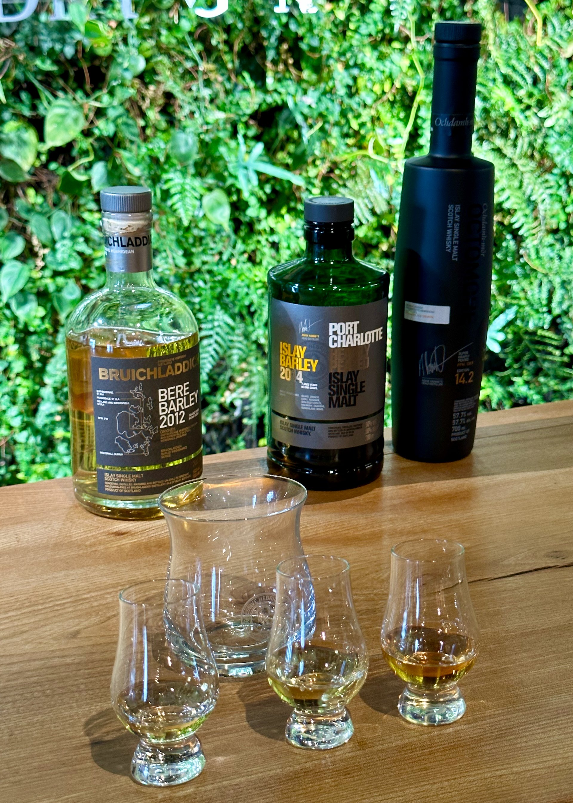  The three scotches we sampled, including the Octomore (tall skinny bottle) - the “peatiest scotch on earth” 