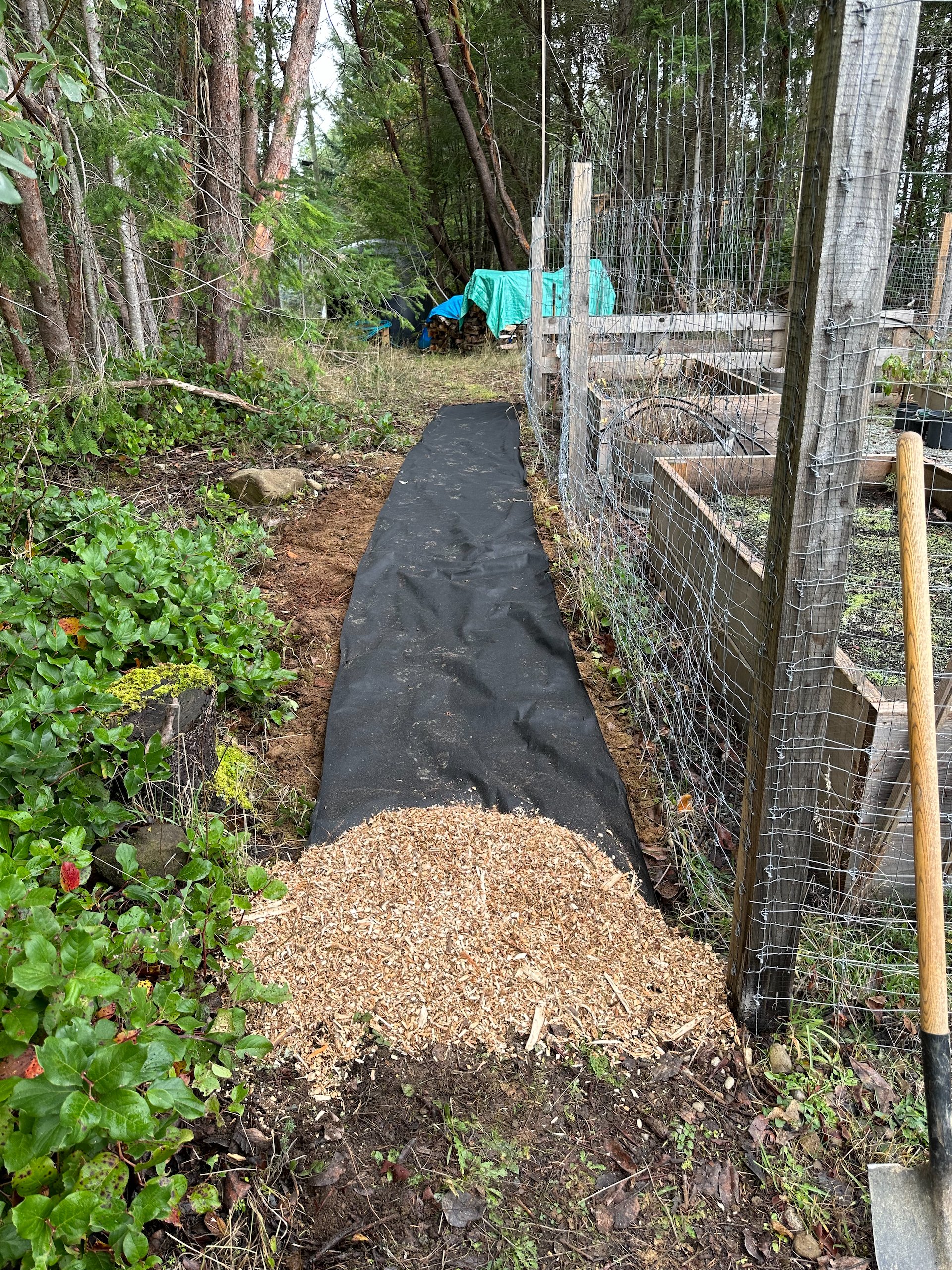  After leveling the area beside the garden, I put down landscaping fabric and starting laying down the mulch. 