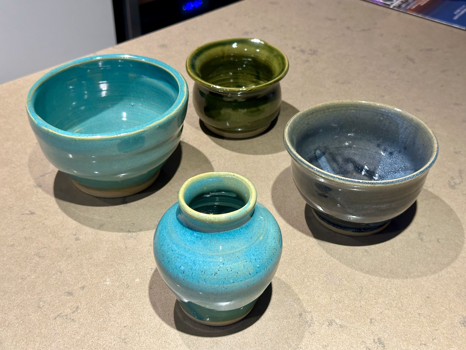  And here are the finished pieces! The glazes look nice, and while they may not be the most consistently thrown pieces of pottery you’ll ever find, I think they came out pretty well.  