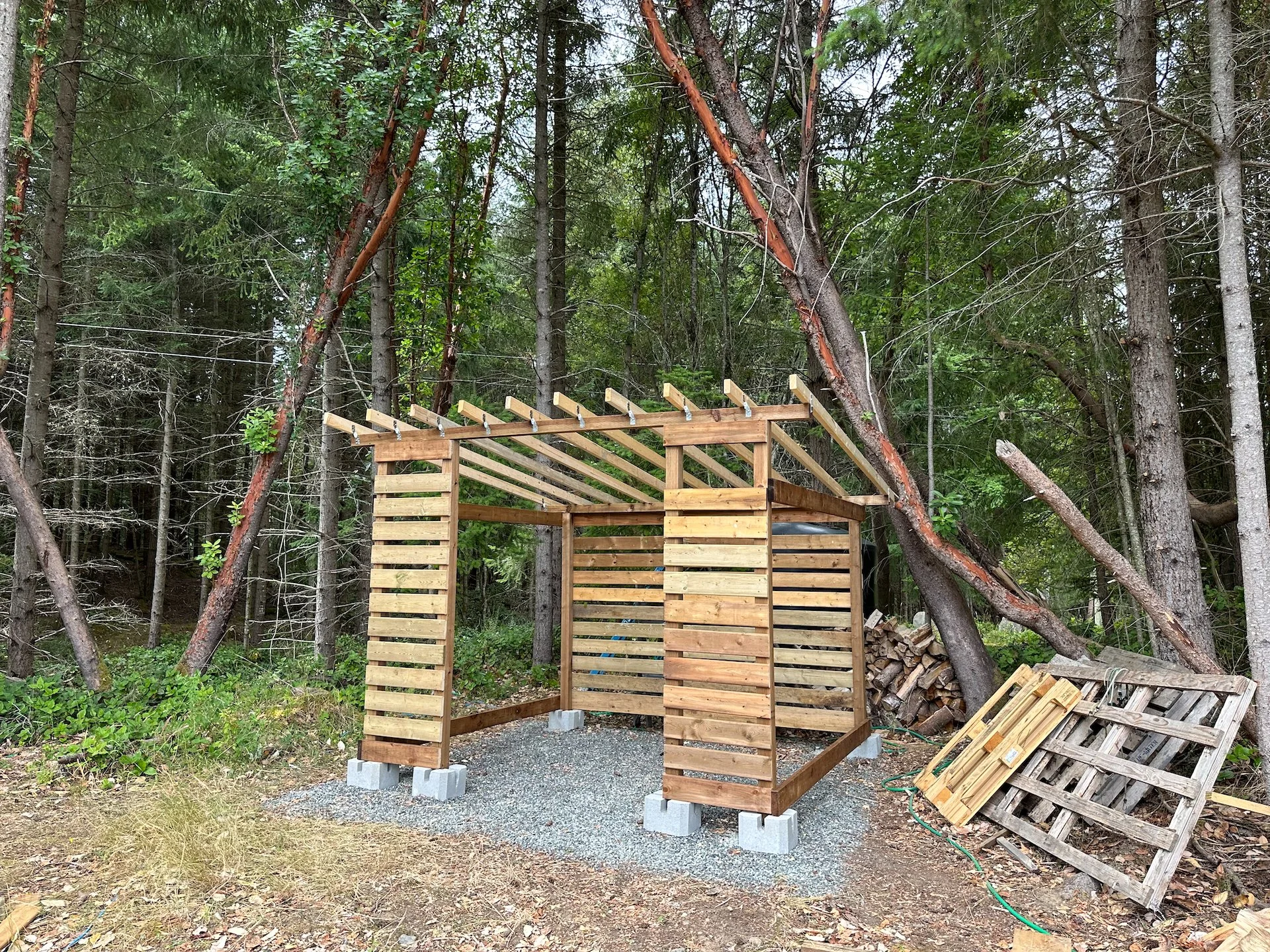  We took it as far as we had materials for. I think I will brace the rafters a bt, with some blocks between. We'll need to pick up wood to finish the outside before we head back next time.  