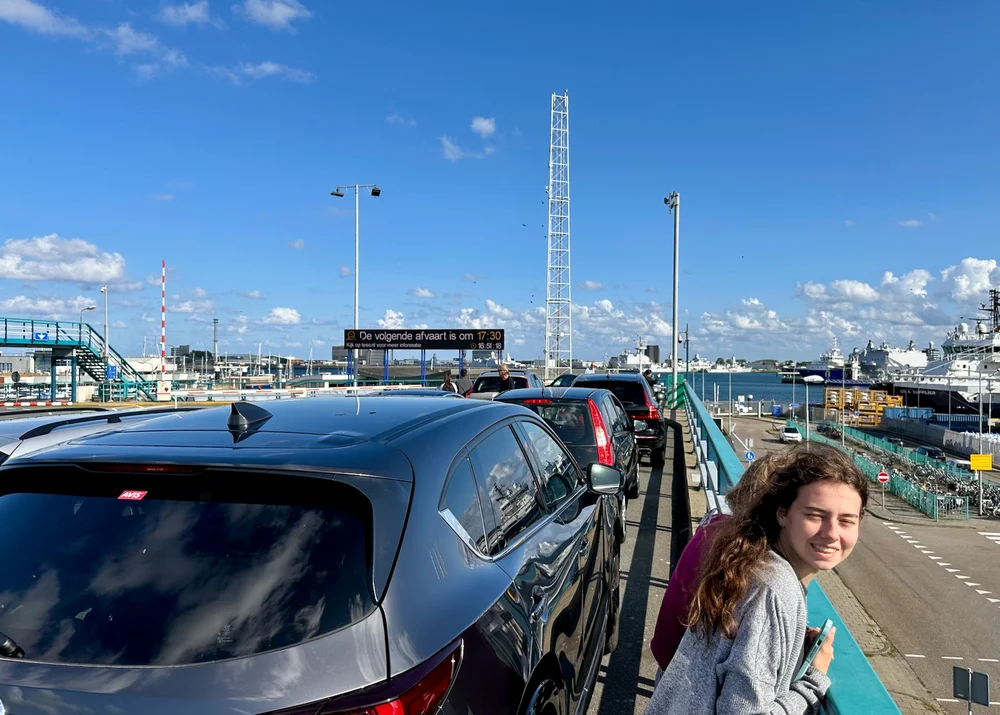  In the (very short) ferry line for our 5:30 ferry! 