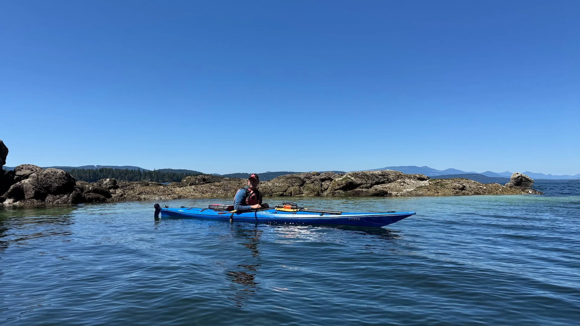  There were a set of smallish rock islands where we decided to head across the channel. There were 8-10 seals hanging around, some of which were curious enough to pop up right behind the kayaks! 