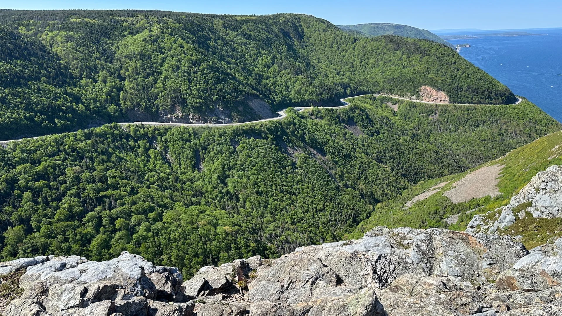  On one side, the view out to the Cabot Trail road, snaking along and heading back down to the coast. 