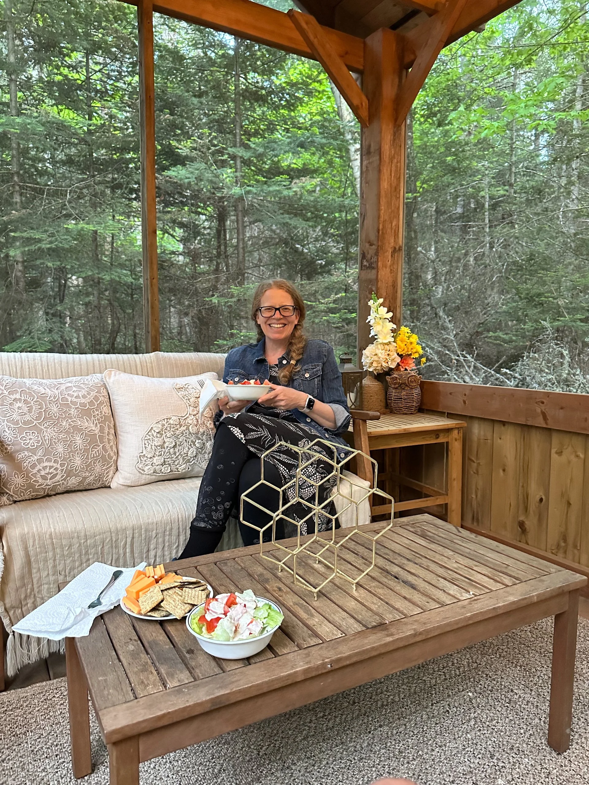  Sitting in the screened porch having a very late dinner. It had been a long day. 
