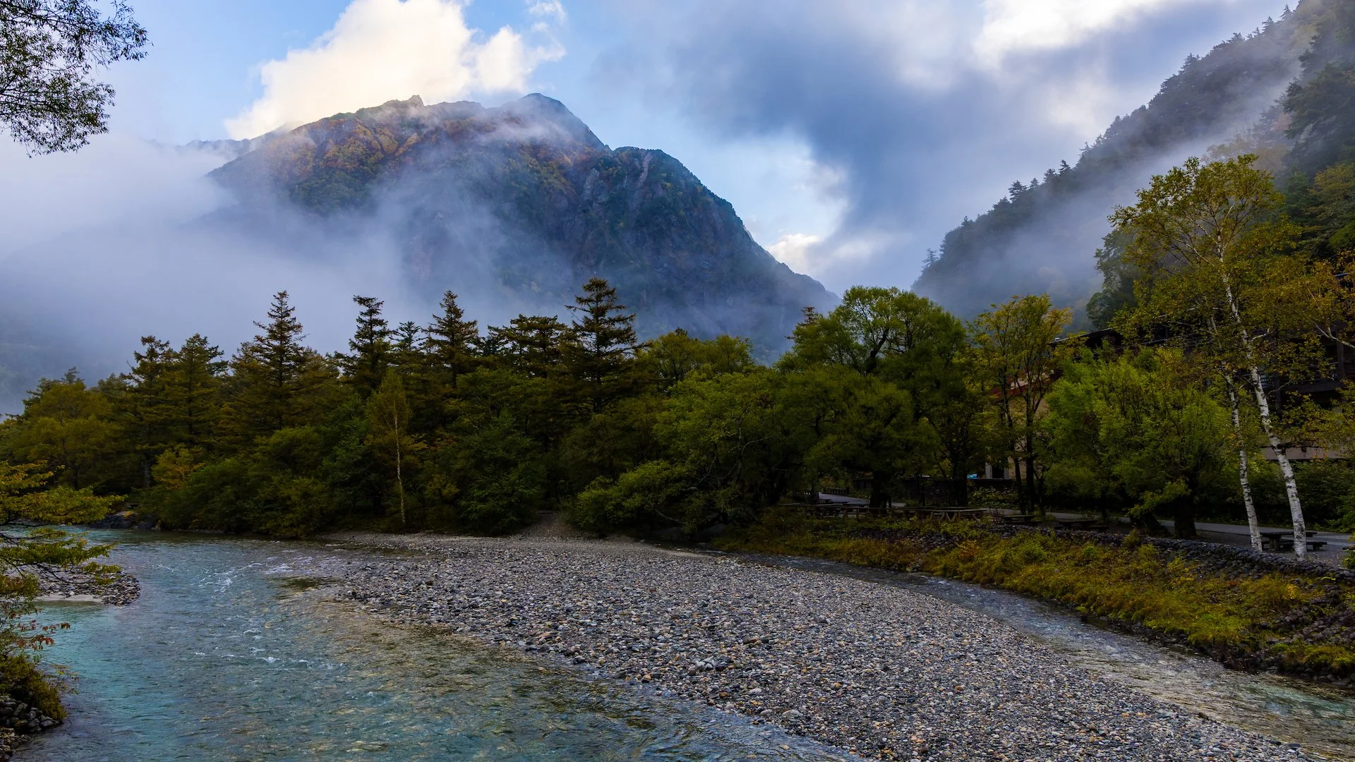  The clouds were starting to lift, giving us our first views of the mountains. I believe this is MOunt Mae-Hotakadake (left). 