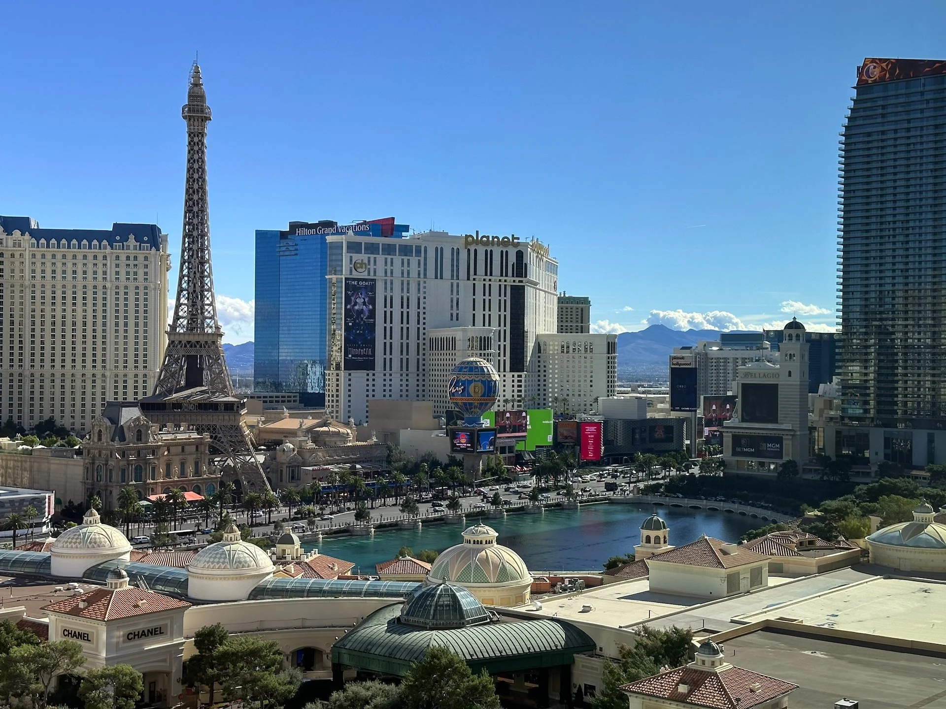  The view from the window at the end of the hall, looking across the Bellagio’s fountain.  
