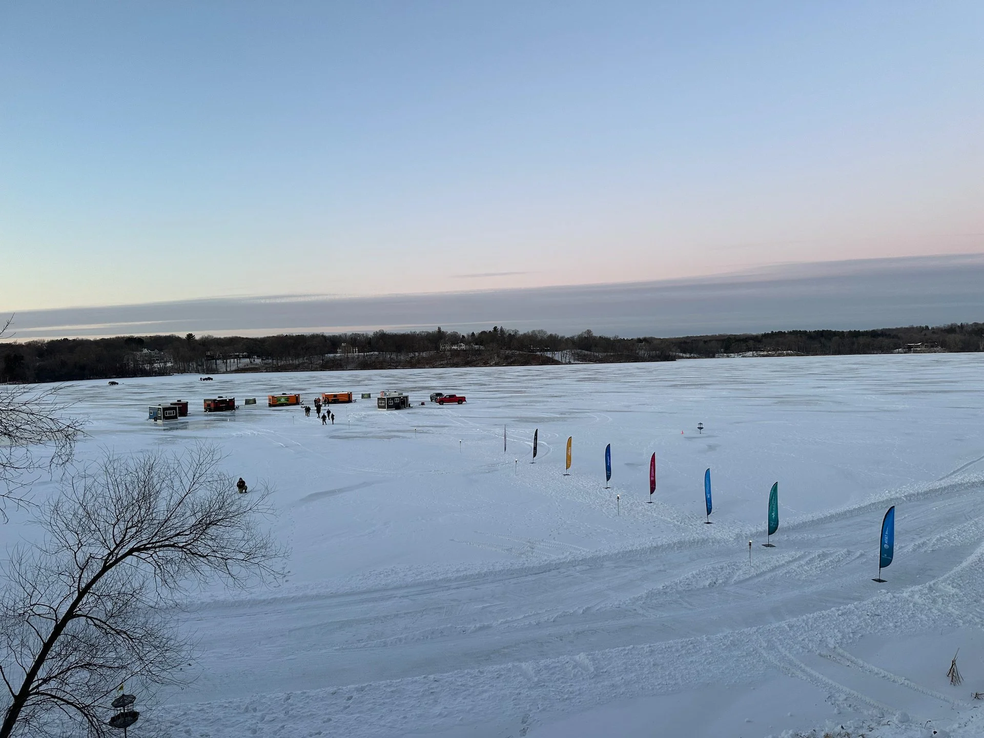  From the deck, you could see the ice fishing “huts”. 