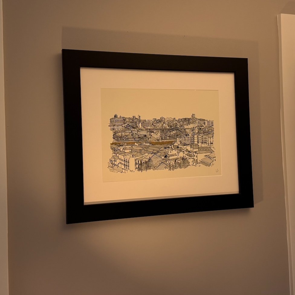  We bought this print in Porto when we were there a couple of years back. It’s a great pen and ink drawing with some gold leaf embossed onto it. We can actually pick out the building where the flat was that we rented when we were there, so it was a g