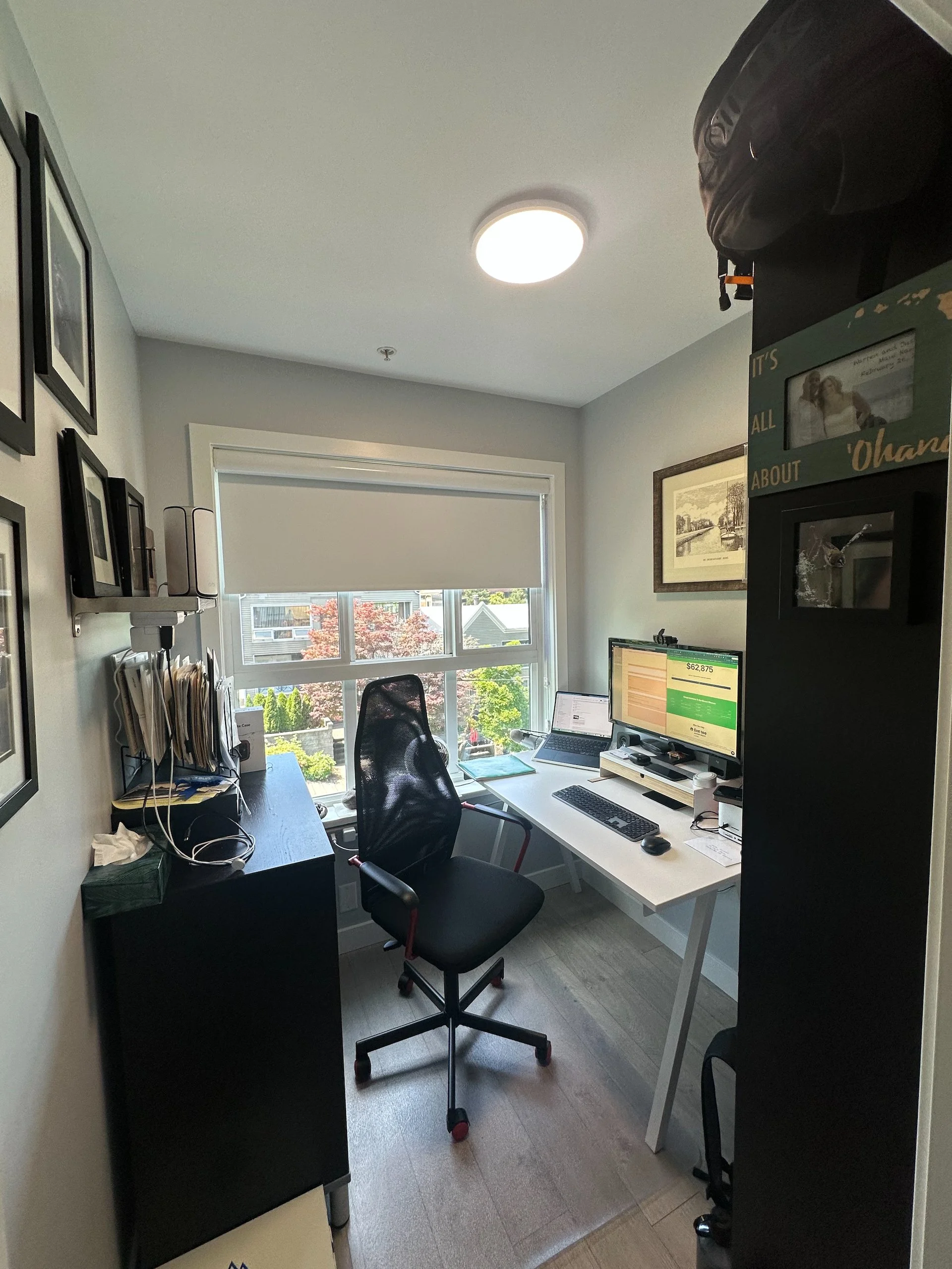  I’m really happy with how this room turned out. While it’s still a bit cramped, it’s much more functional. Facing this other direction is better in the afternoon and the new blind makes it so I can work during that time.  