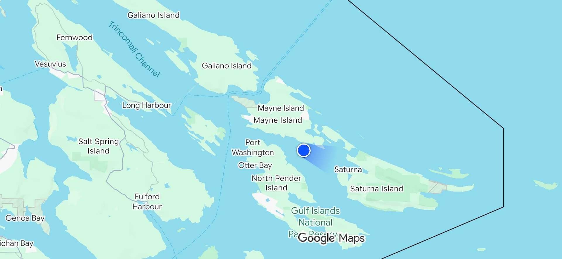  The route actually goes out and back between Mayne and Pender to get to Saturna, before continuing on to Sydney.  