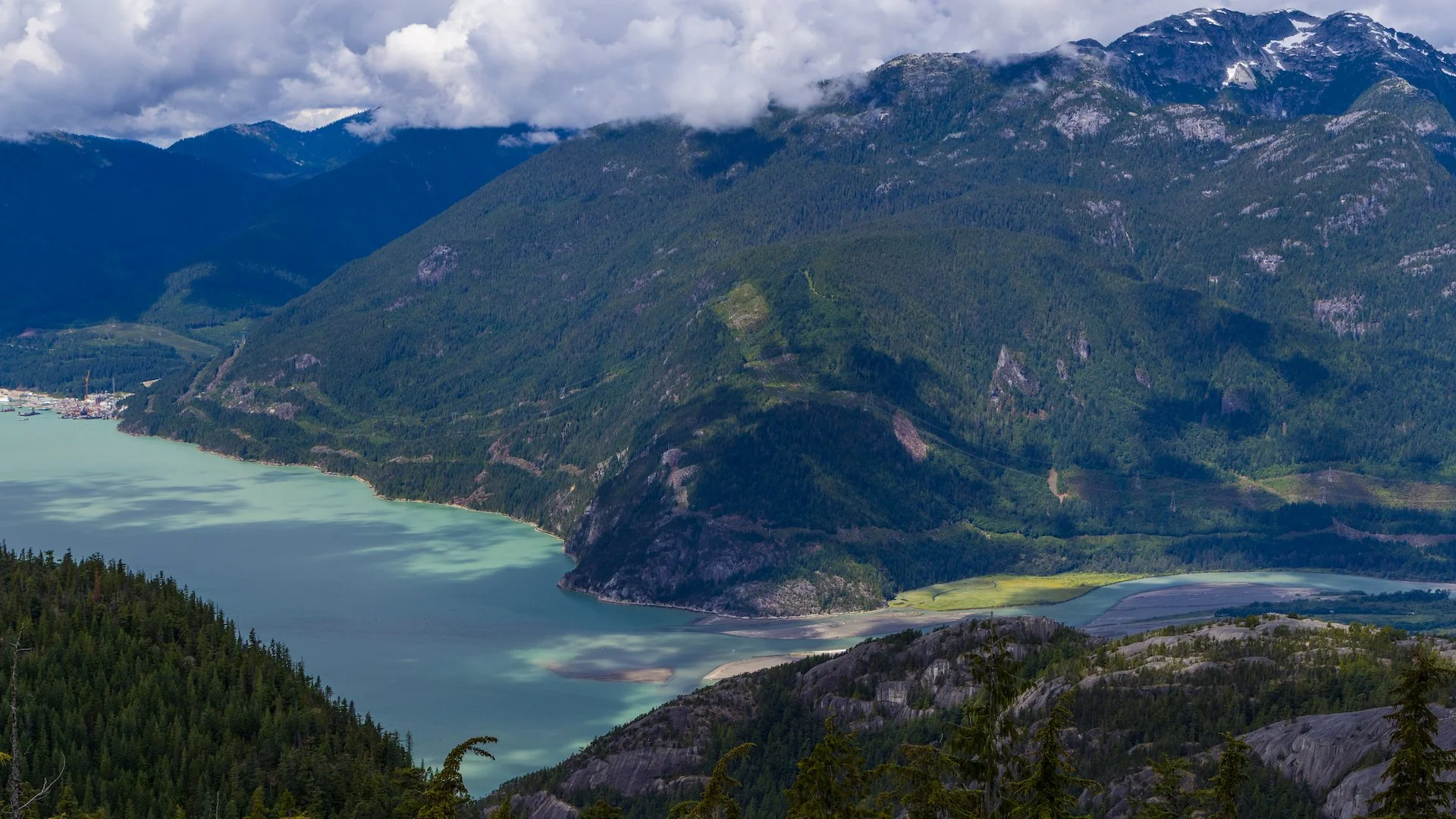  Looking down to the Squamish Spit, where the Squamish River empties into Howe Sound. This is a big wind sports area. 