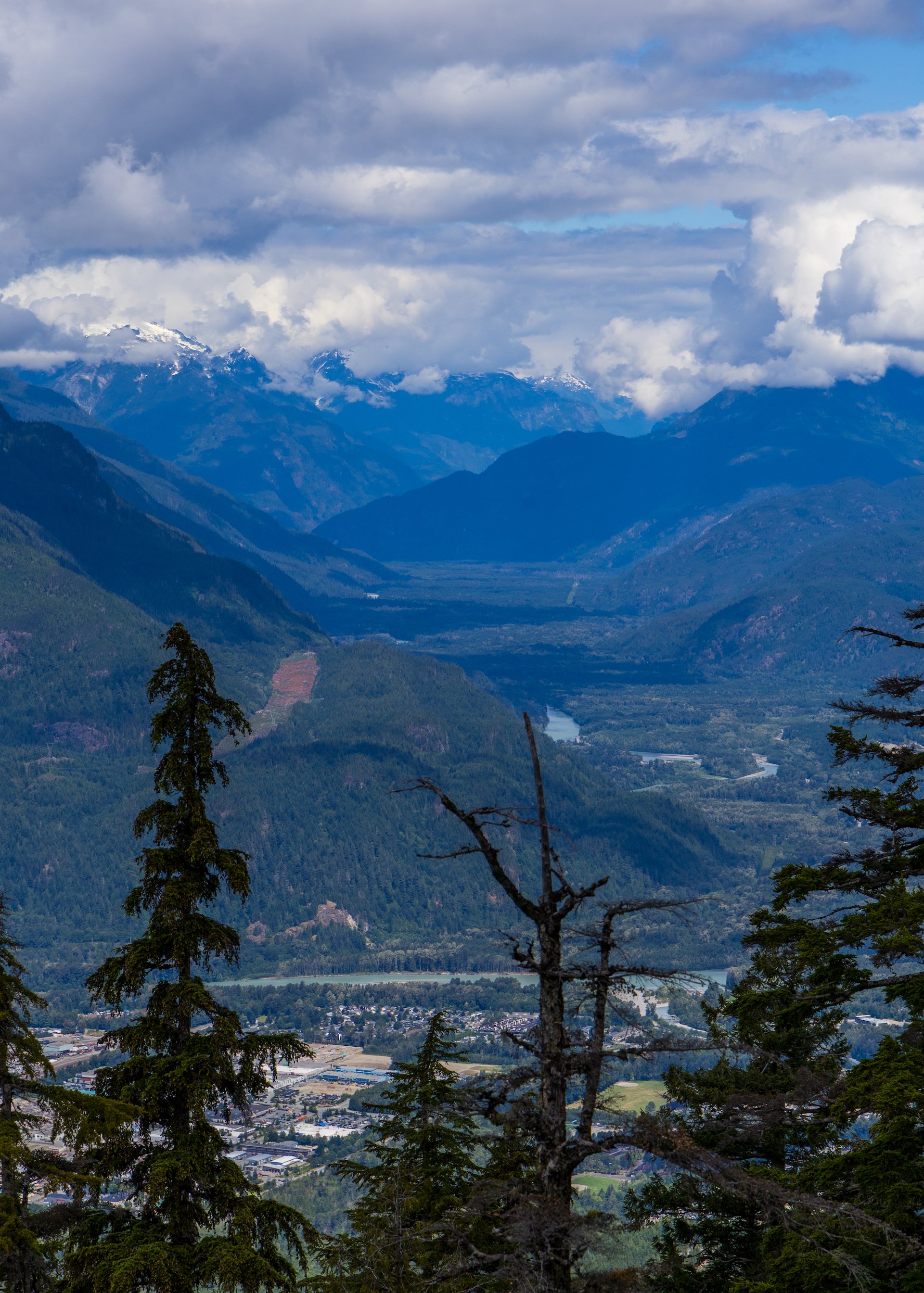  Looking out across the town of Squamish and up into Squamish and Paradise Valleys. 