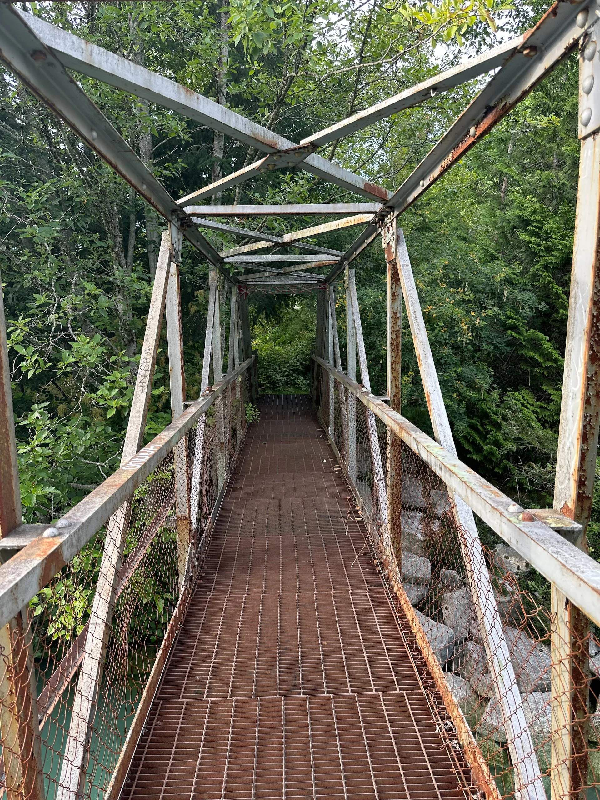  We walked around the little town, through the public gardens and down onto a path that led to the river. There was this old metal bridge that we went out onto.  