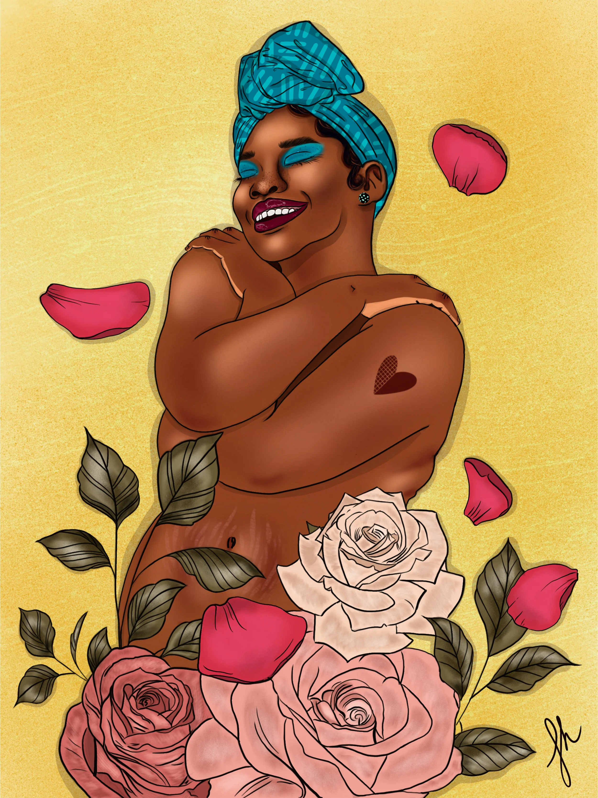 Digital illustration of a smiling woman with dark skin, blue eyeshadow, dark lipstick, and a blue headwrap, surrounded by pink and white roses and dark green leaves, set against a yellow background.