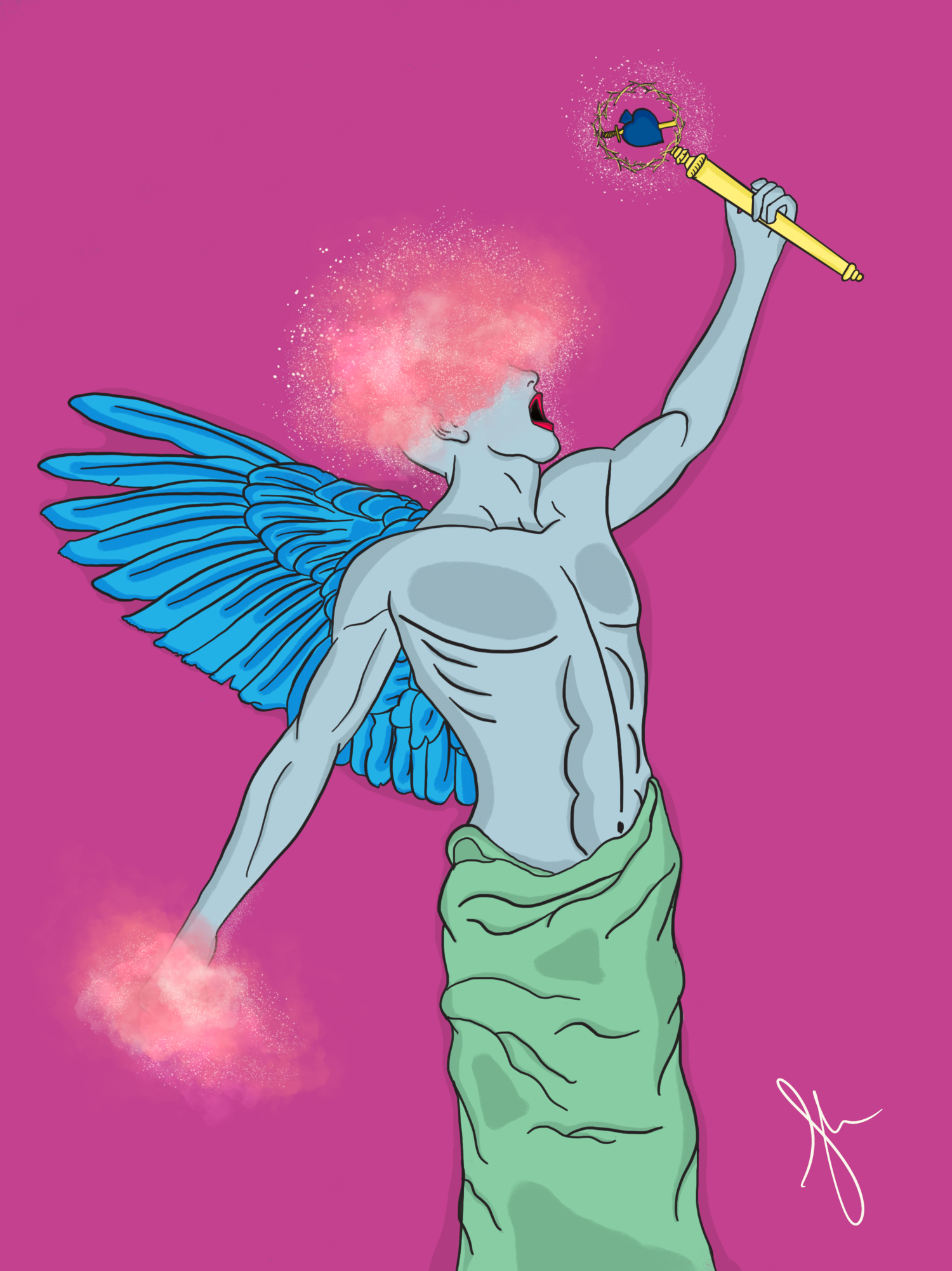 A drawing of a figure where the face is replaced with a pink, sparkling explosion-like burst. The Statue holds a staff topped with a blue heart-shaped torch and has blue wings extending from its back against a pink background.