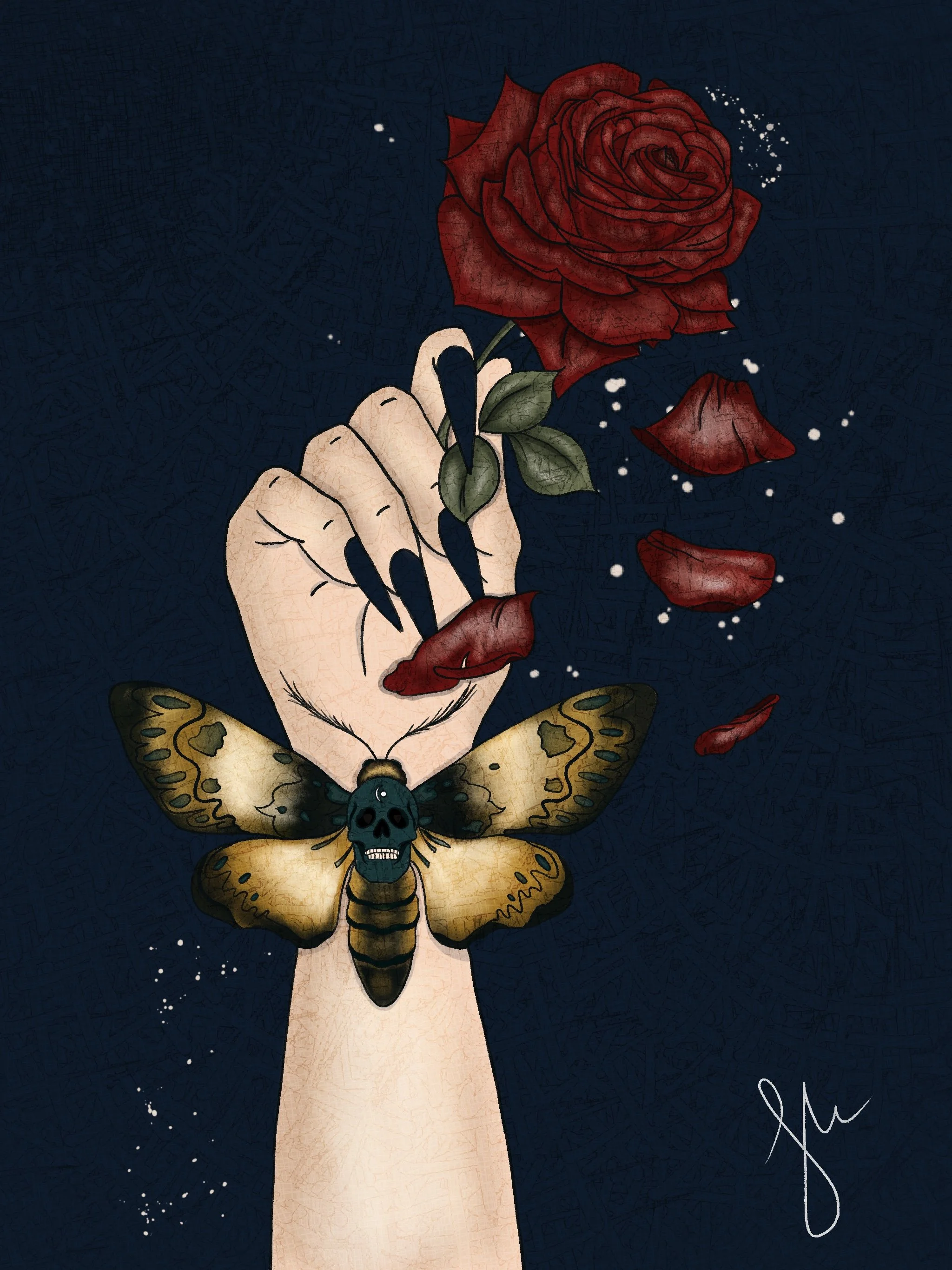 Digital art of a woman's hand. There is a death's head moth on the wrist, and the hand is holding roses.
