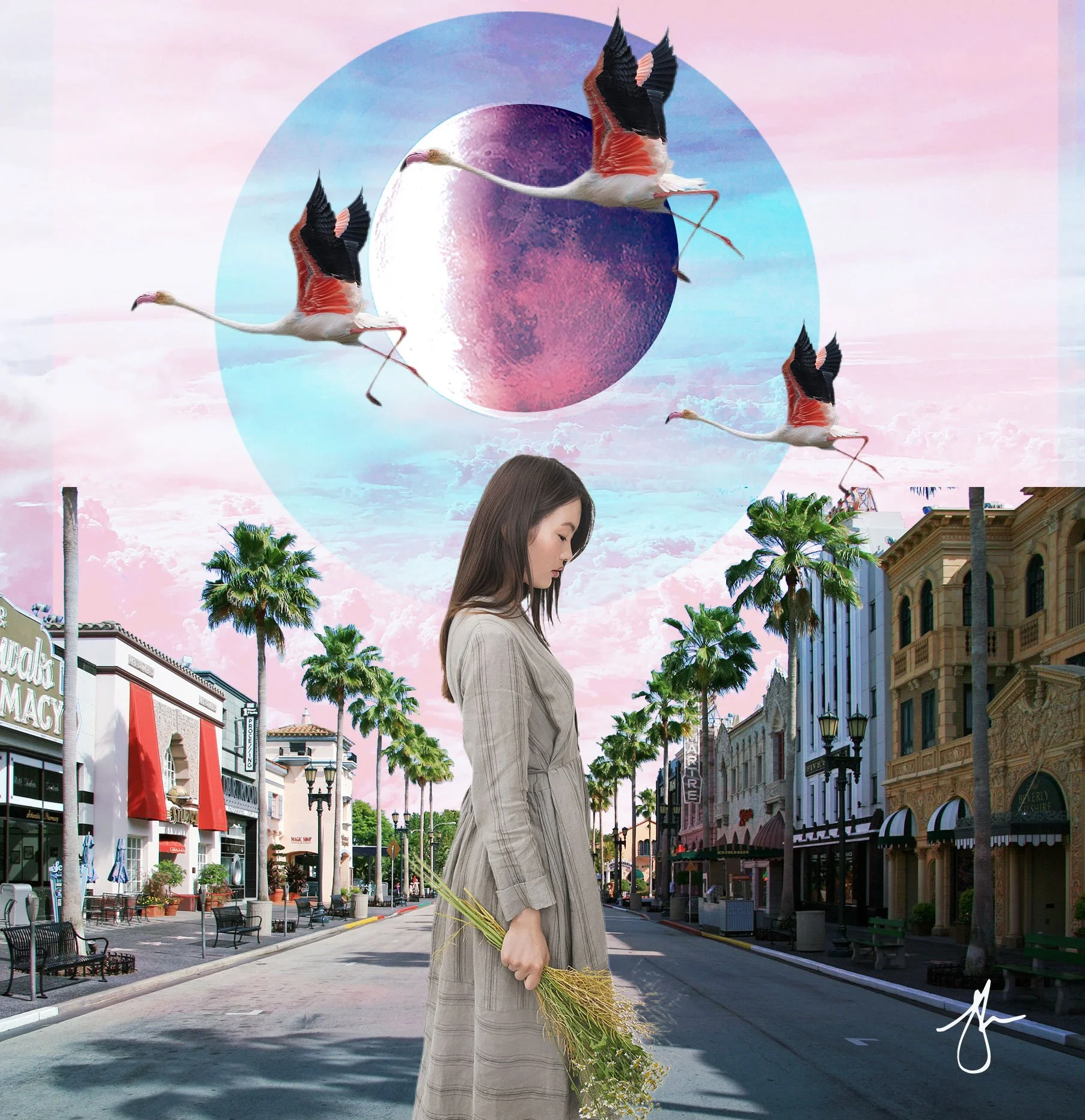 A young woman in a tan plaid dress holding a bouquet of wildflowers stands on a city street with palm trees. Three cranes are flying in the sky in front of a large pastel-colored moon and a pink sky.