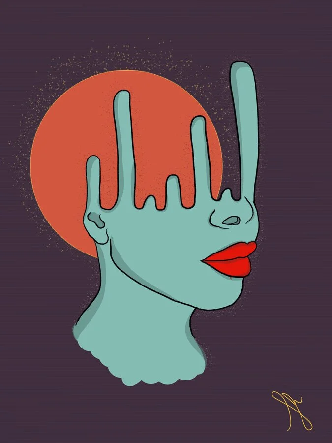 Digital illustration of a woman with a cyan face, red lips, and hair that resembles dripping paint or melting wax. An orange circle background with splatter effects is behind her head, against a dark purple background.