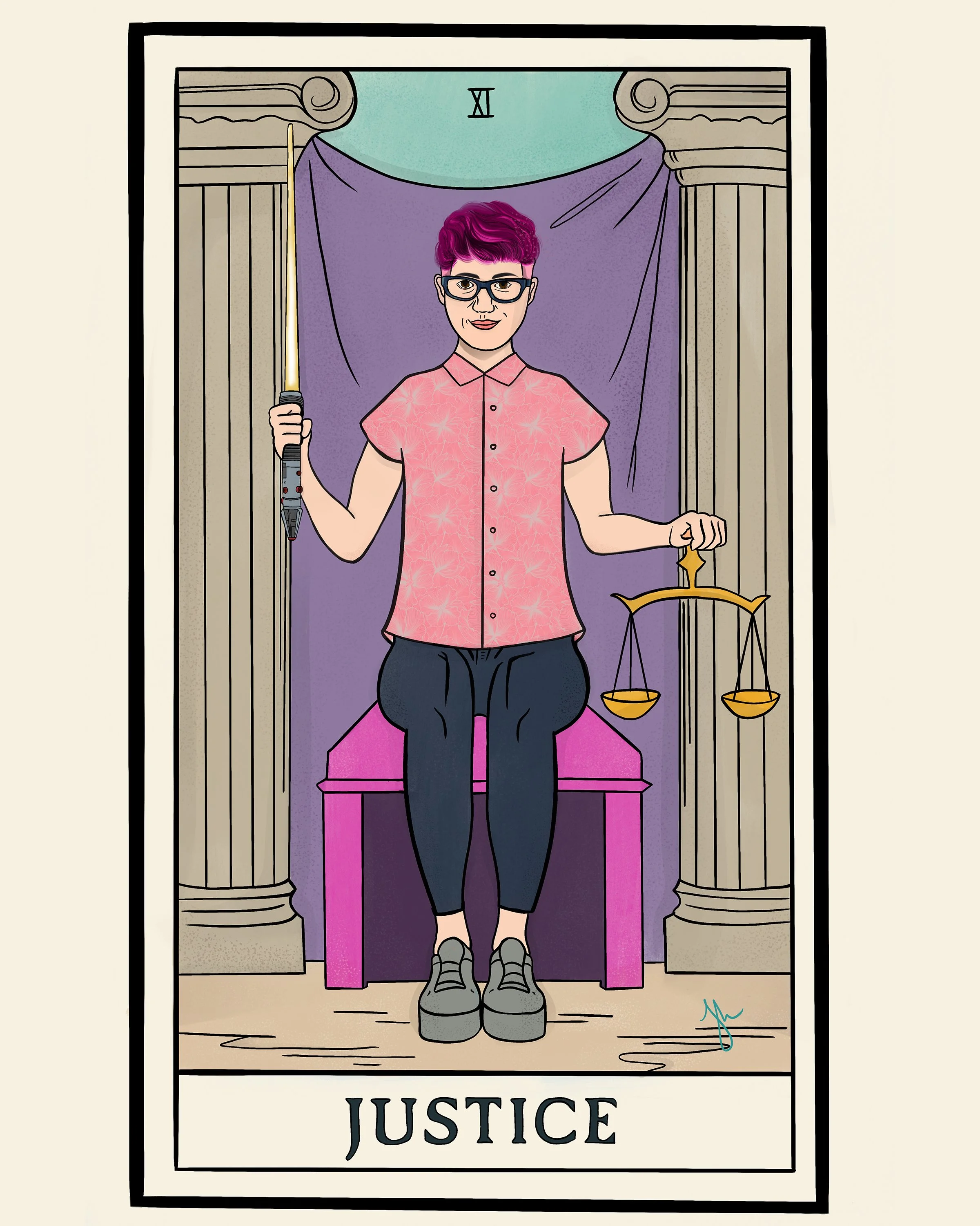 A cartoon drawing of a person with pink hair, glasses, wearing a pink shirt, as a Justice tarot card. The person is holding a lightsaber in one hand and scales in the other. The background has purple curtains.