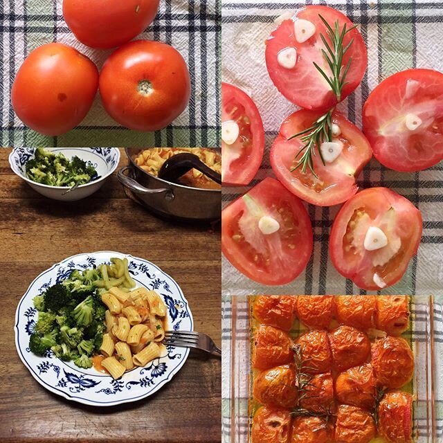 Received a small heap of tomatoes that were underripe but also needing to get used quickly. Olive oil in the bottom of a baking dish, tomatoes cut in half, garlic and rosemary. Baked at 300F in the toaster oven on the convection setting for about 30 