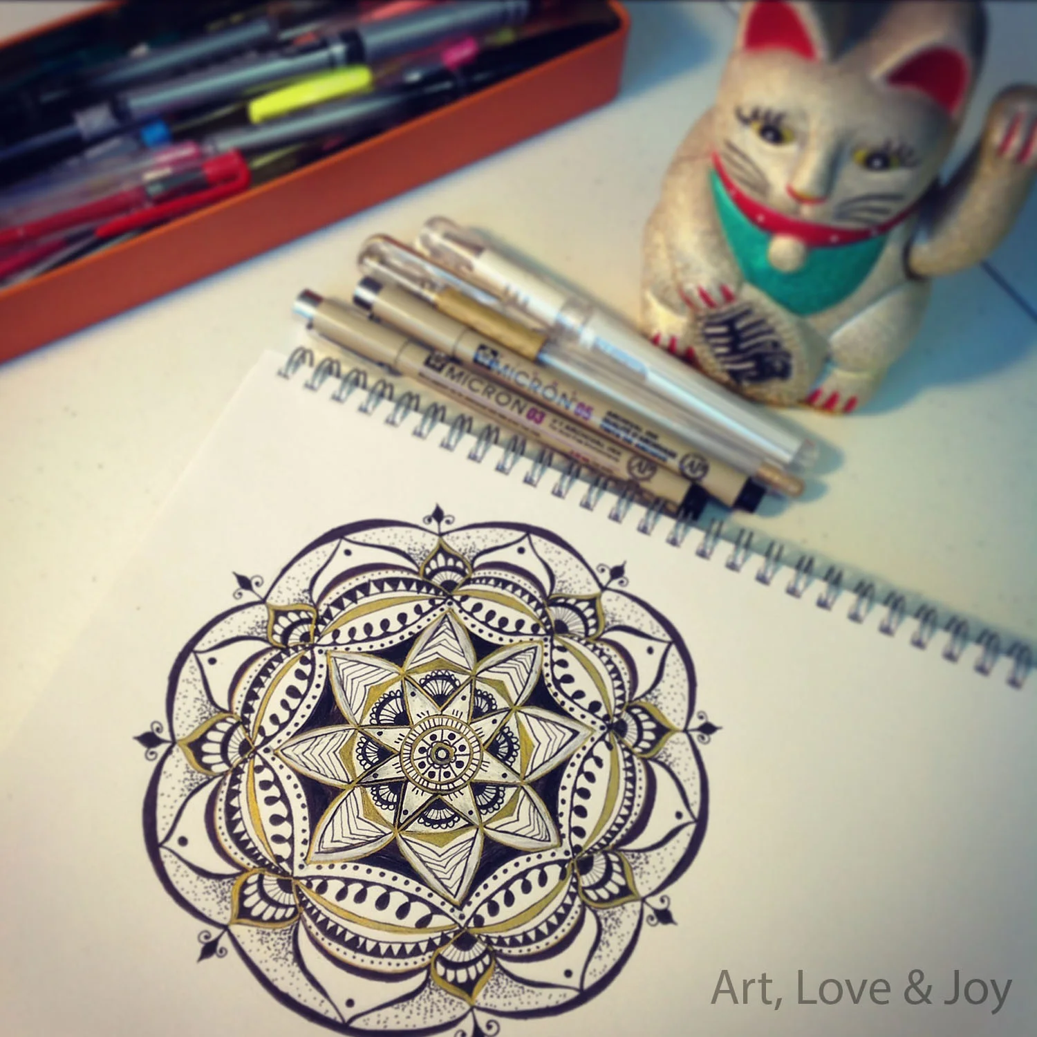 ALJ Mandala with Lucky Cat (hand drawn, freehand) by Wini Dougall of Art, Love & Joy.