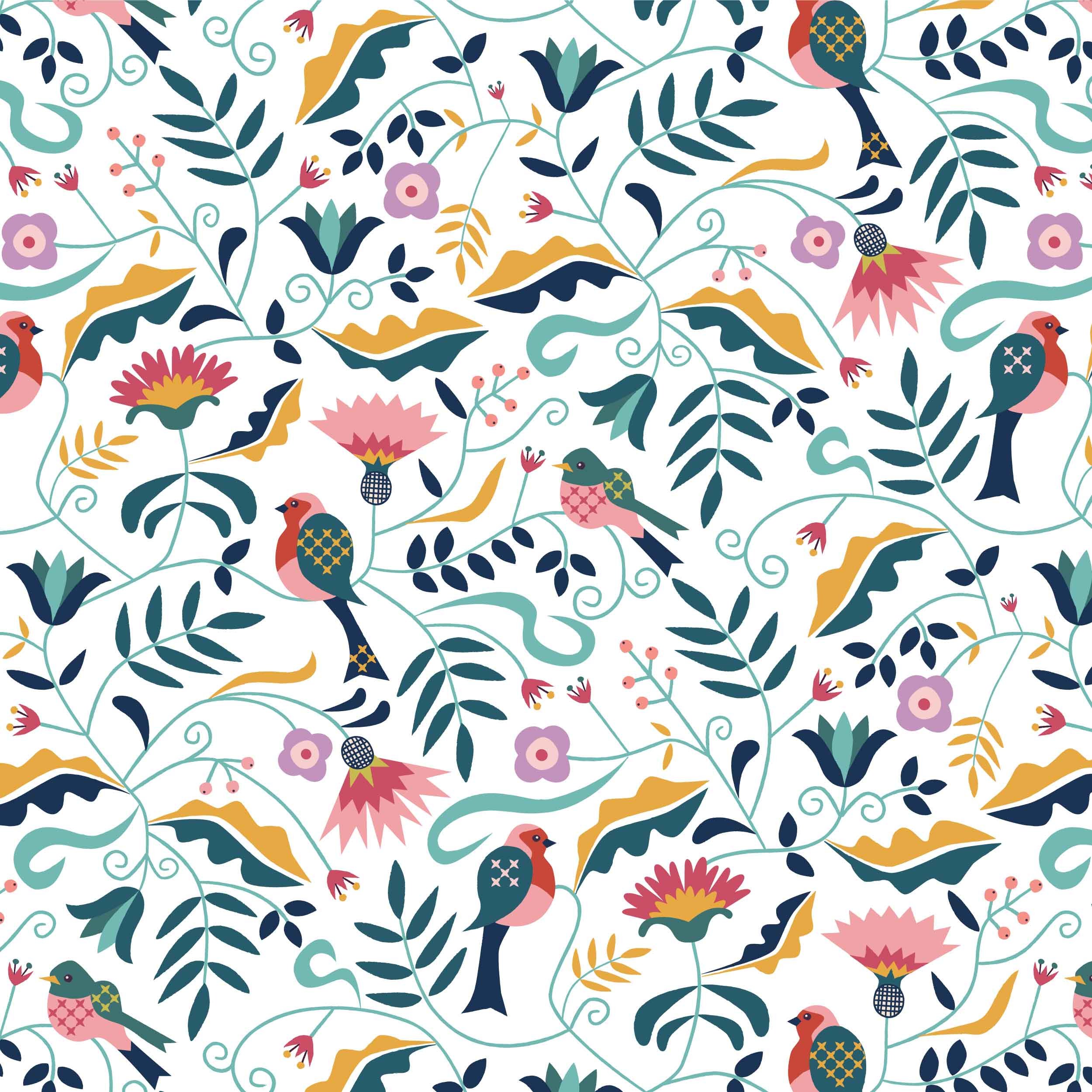 Scandi Folk Pattern with birds, blossoms and berries. 