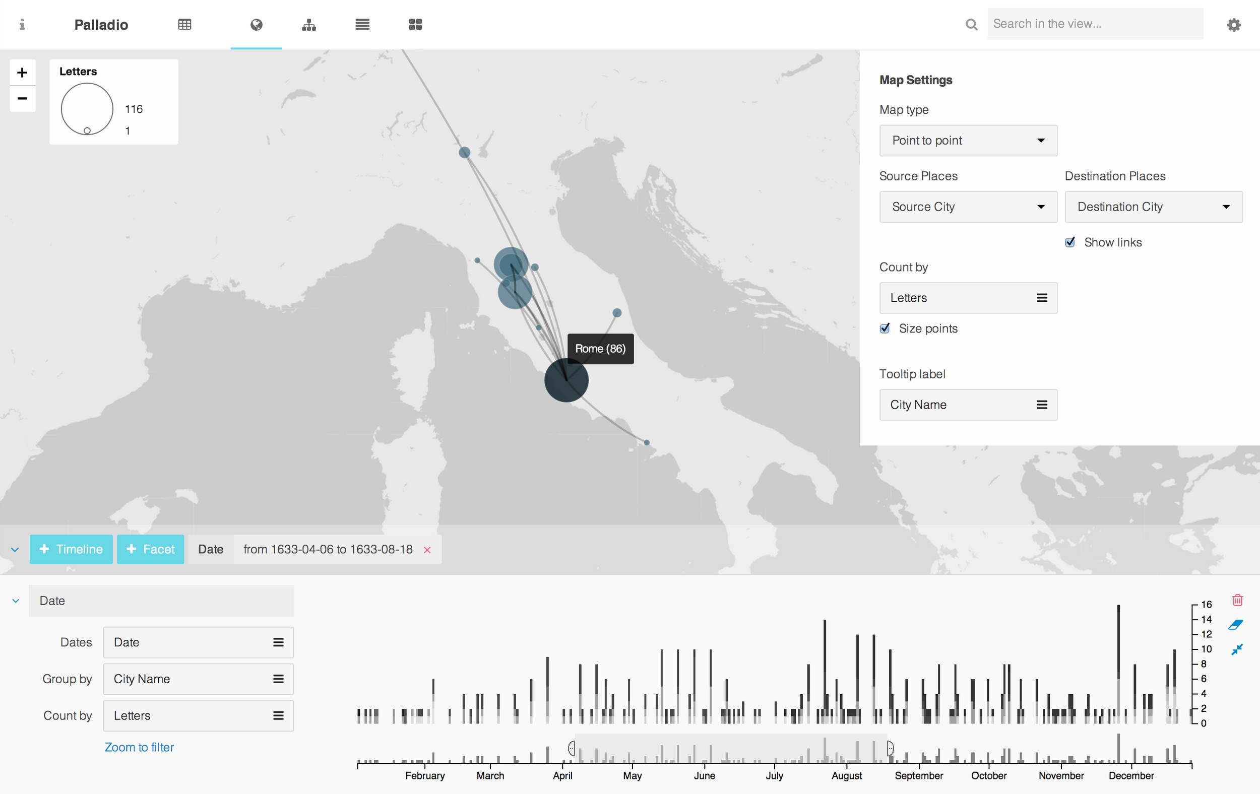 The map view in the Palladio interface