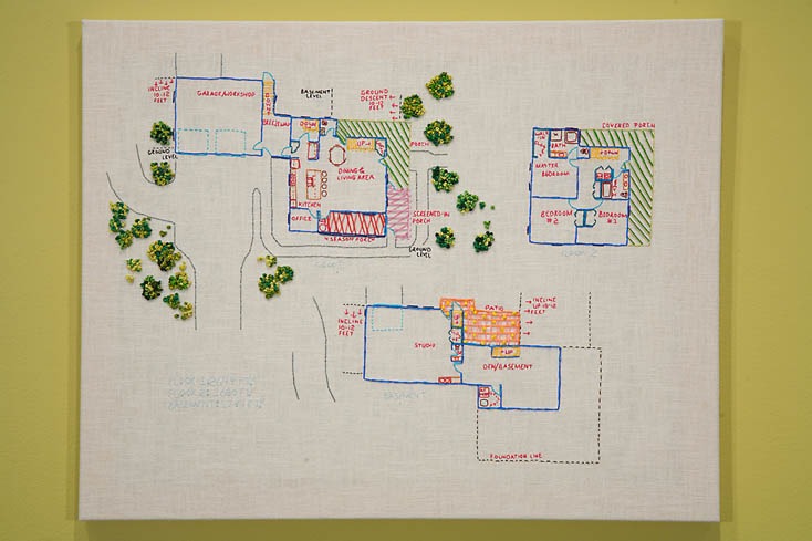 Dream Home Sweet Home (3 bedrooms, 2 full and 2 half baths, 2 car garage, and studio with wrap-around porches, patio and mature trees) 2009 Hand embroidery on linen 22 x 28 inches Private Collection