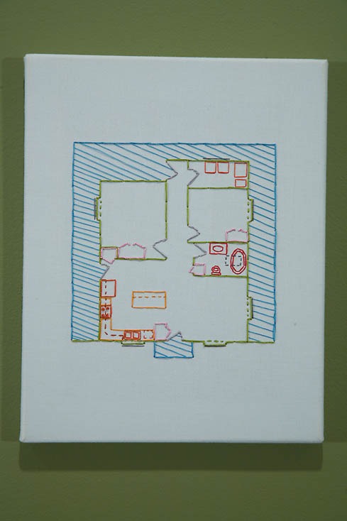 Dream Home Sweet Home (Country cottage with concealed wrap-around porch, 2 bedrooms and open living area) 2008 Hand embroidery on cloth 14 x 11 inches Private Collection