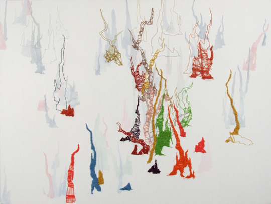 Stitched in my memory 2008 Hand embroidery, colored pencil, acrylic, and gesso on muslin 30 x 40 inches Private Collection