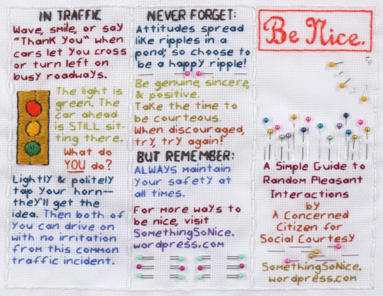 Be Nice. (left panel) 2008 Hand embroidery and straight pins on cross stitch fabric 12.5 x 17.25 inches (each piece)