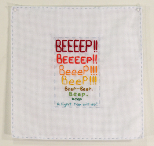 Beep! 2008 Hand embroidery on cross stitch fabric 10.75 x 10.75 inches