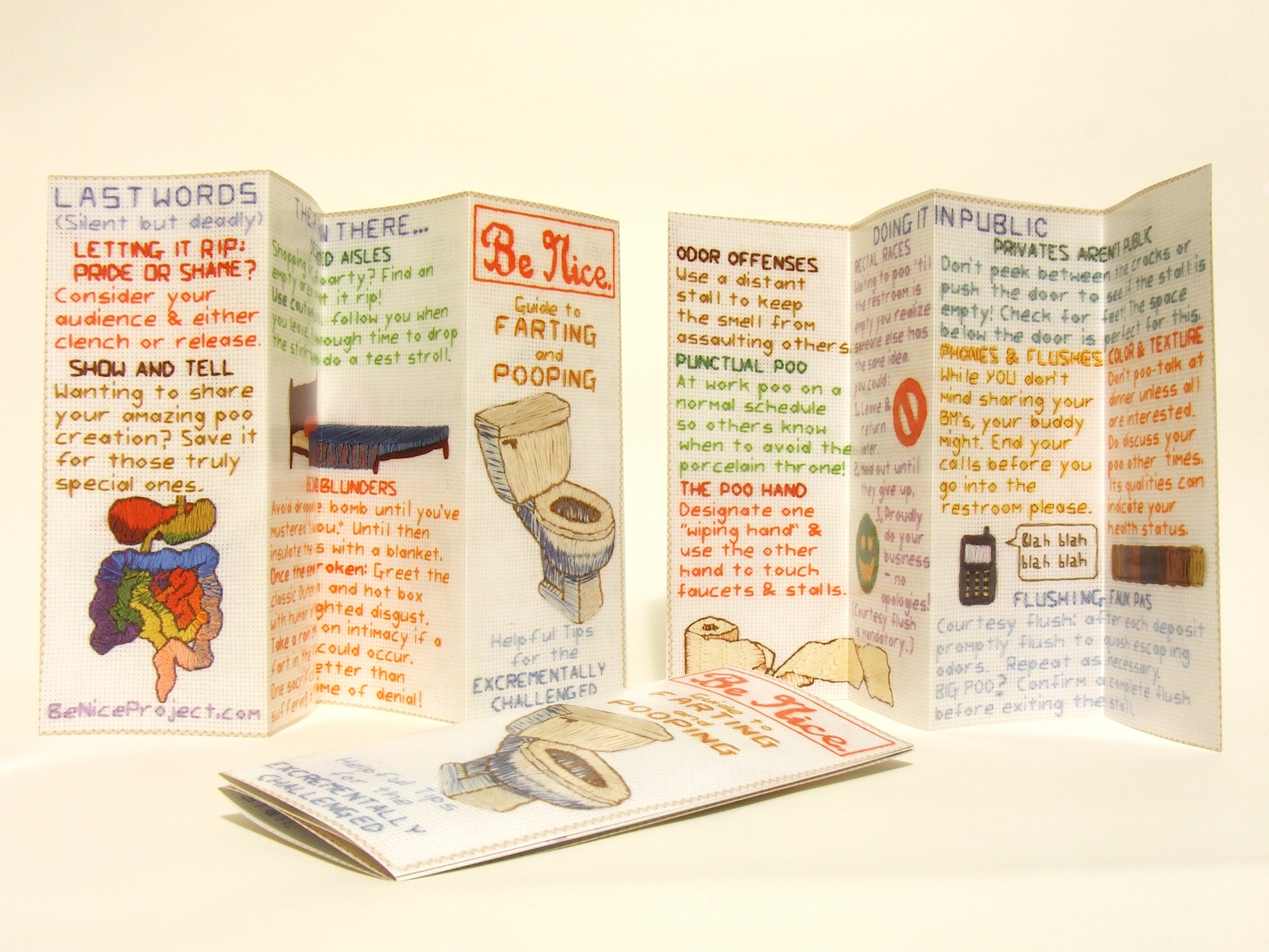View of Be Nice. Guide to Farting and Pooping brochure (inside, outside, and folded) Unfolded dimensions: 8.5 x 14 inches