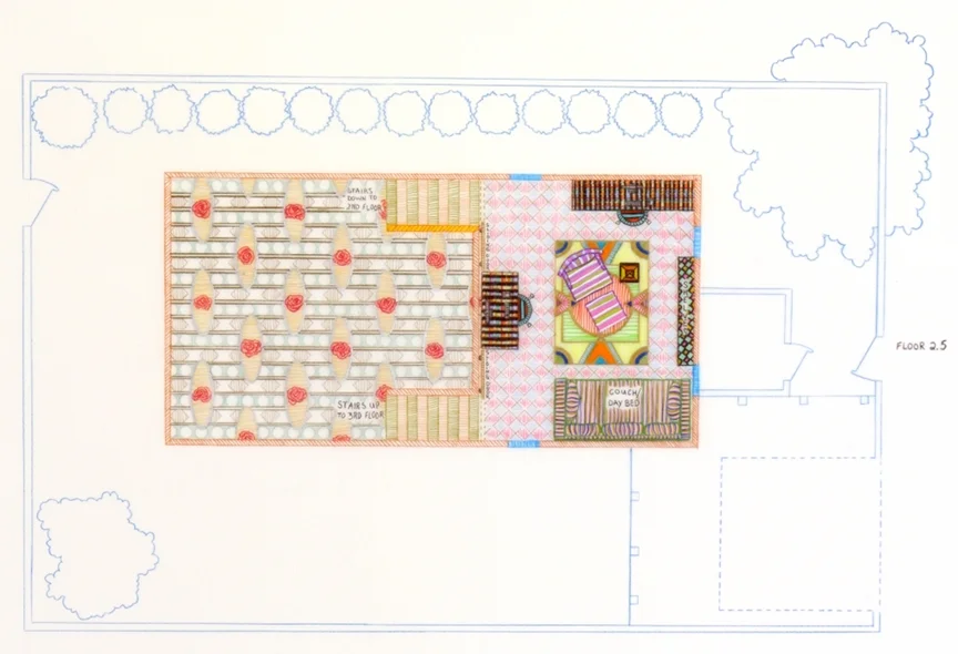 This work is comprised of seven drawings, listed by floor; each drawing is one level of the home.
Dream Home Sweet Home (#11101102) Floor 2 . 5 2011 Colored pencil on mylar 12 x 18 inches
