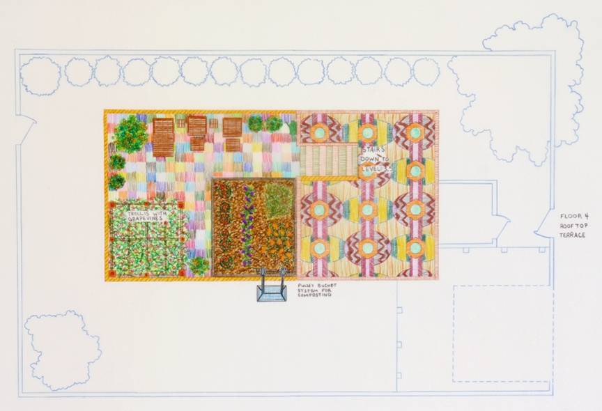 This work is comprised of seven drawings, listed by floor; each drawing is one level of the home.
Dream Home Sweet Home (#11101102) Floor 4 2011 Colored pencil on mylar 12 x 18 inches
